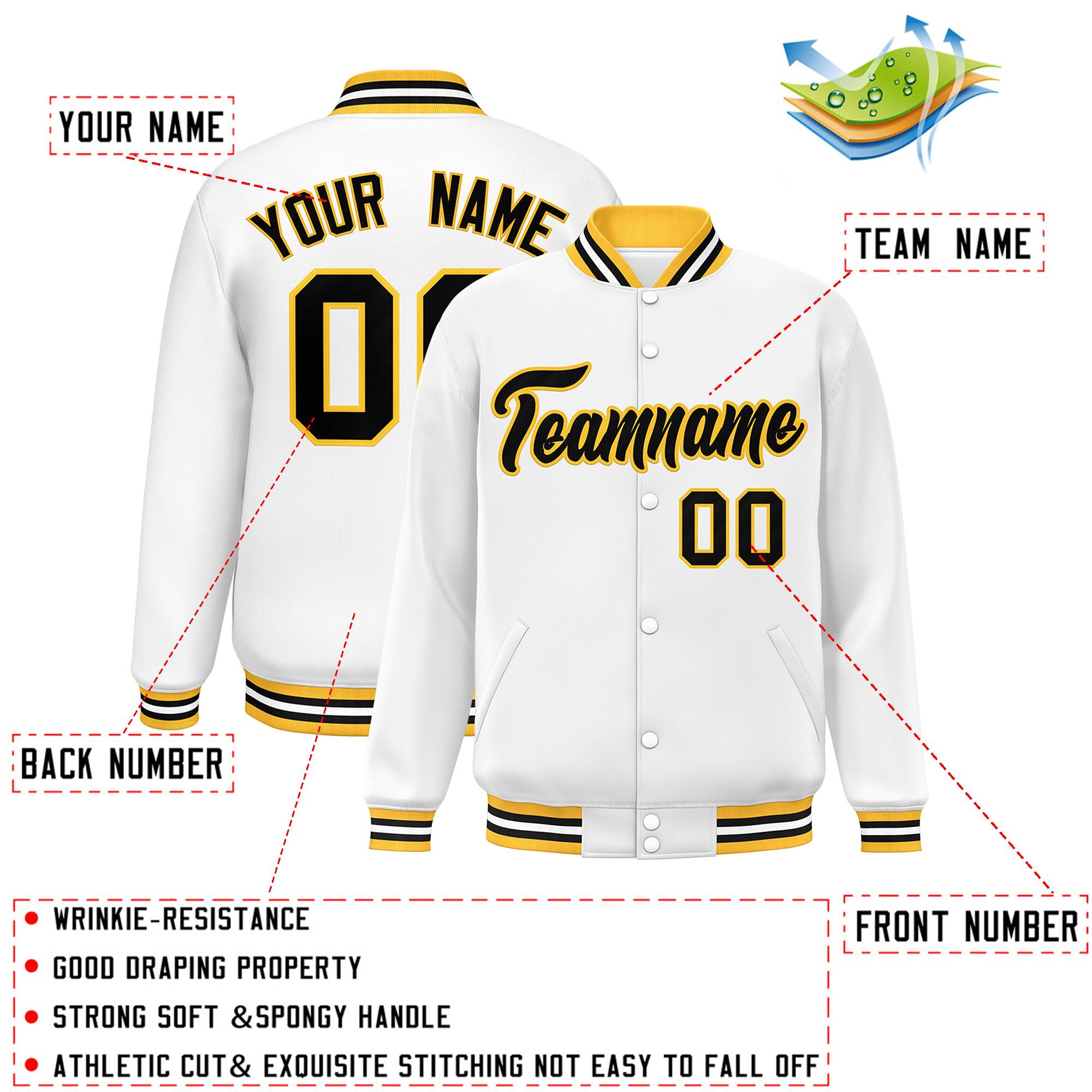 Custom White Black-Gold Classic Style Varsity Full-Snap Letterman Jacket