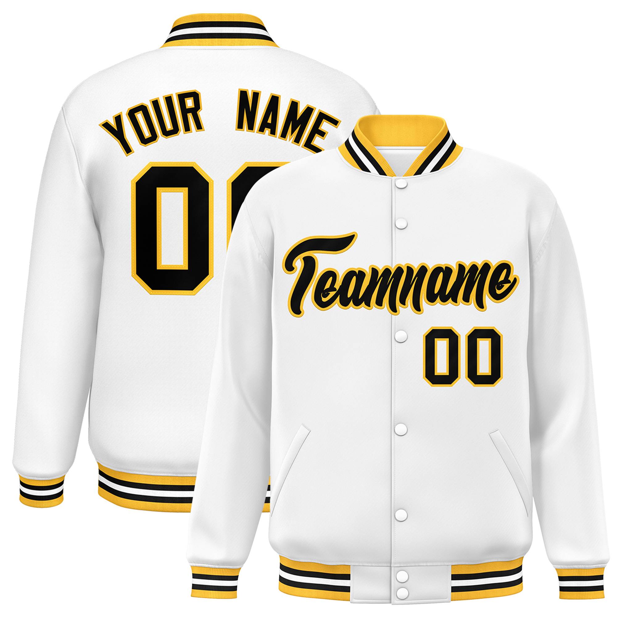 Custom White Black-Gold Classic Style Varsity Full-Snap Letterman Jacket