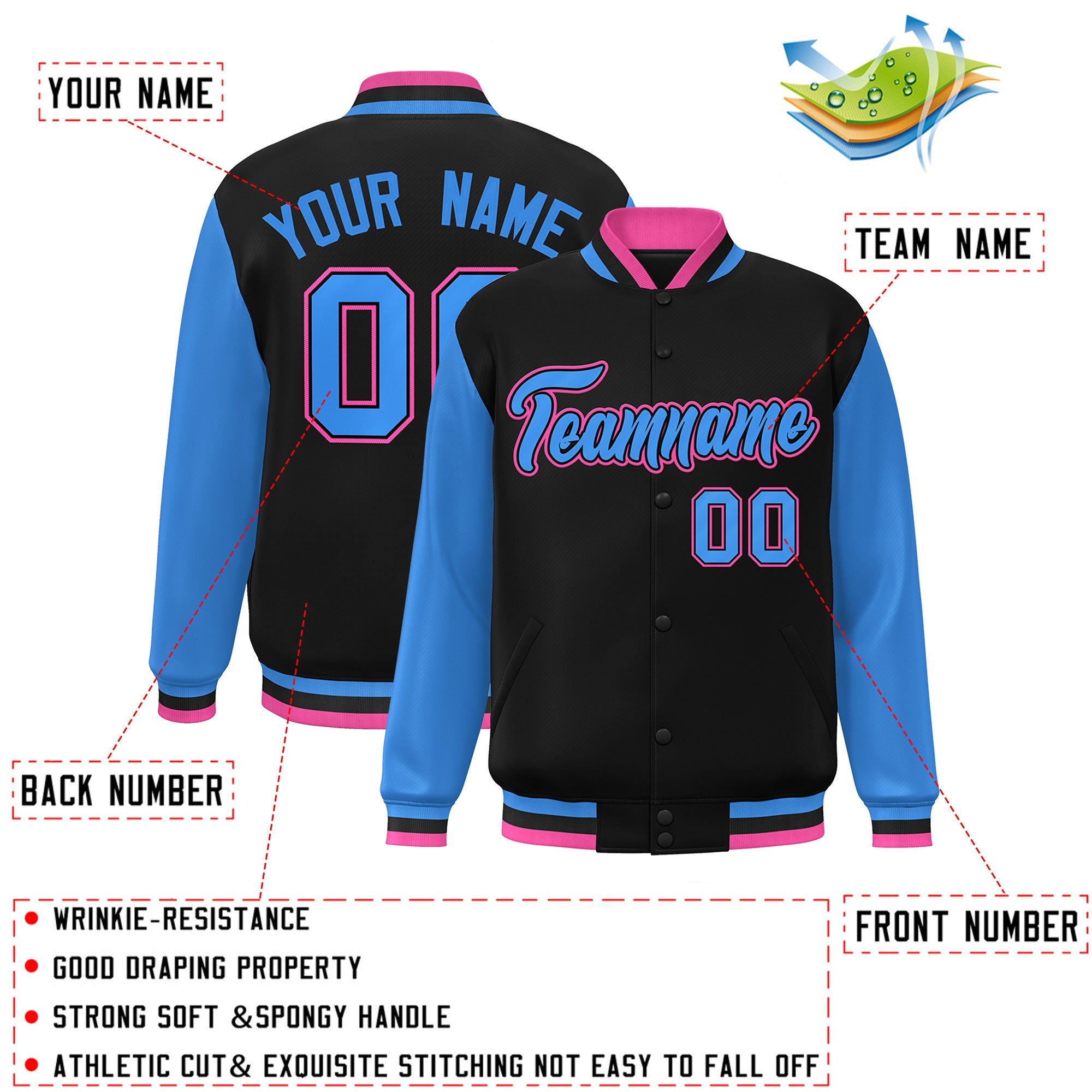 Custom Black Powder Blue-Black Raglan Sleeves Varsity Full-Snap Letterman Jacket