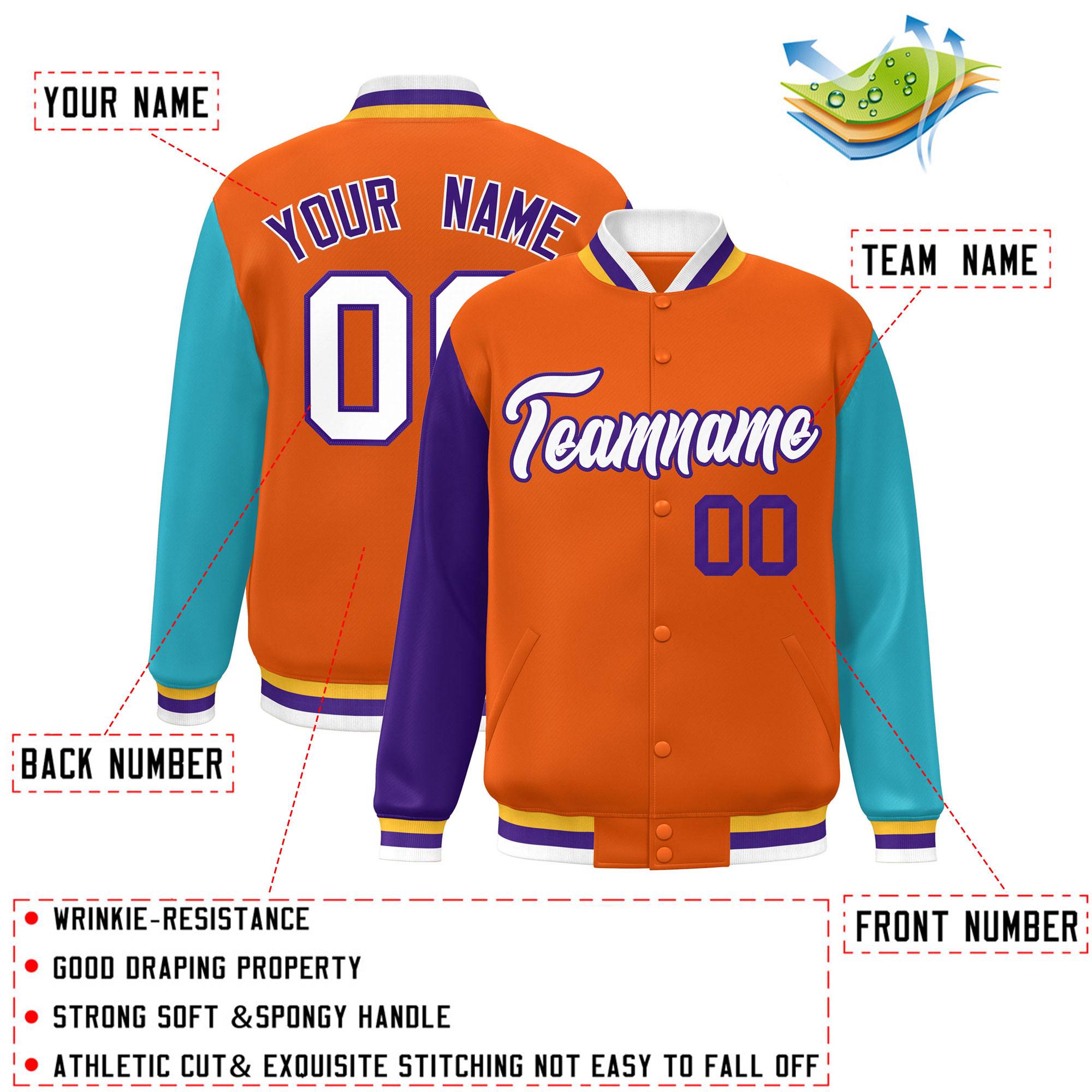 Custom Orange Purple-Aqua Varsity Full-Snap Raglan Sleeves Letterman Baseball Jacket