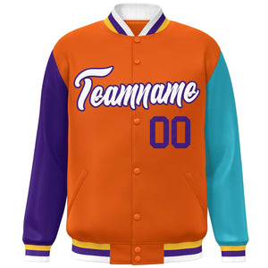 Veste de baseball Letterman personnalisée à manches raglan orange violet-aqua Varsity