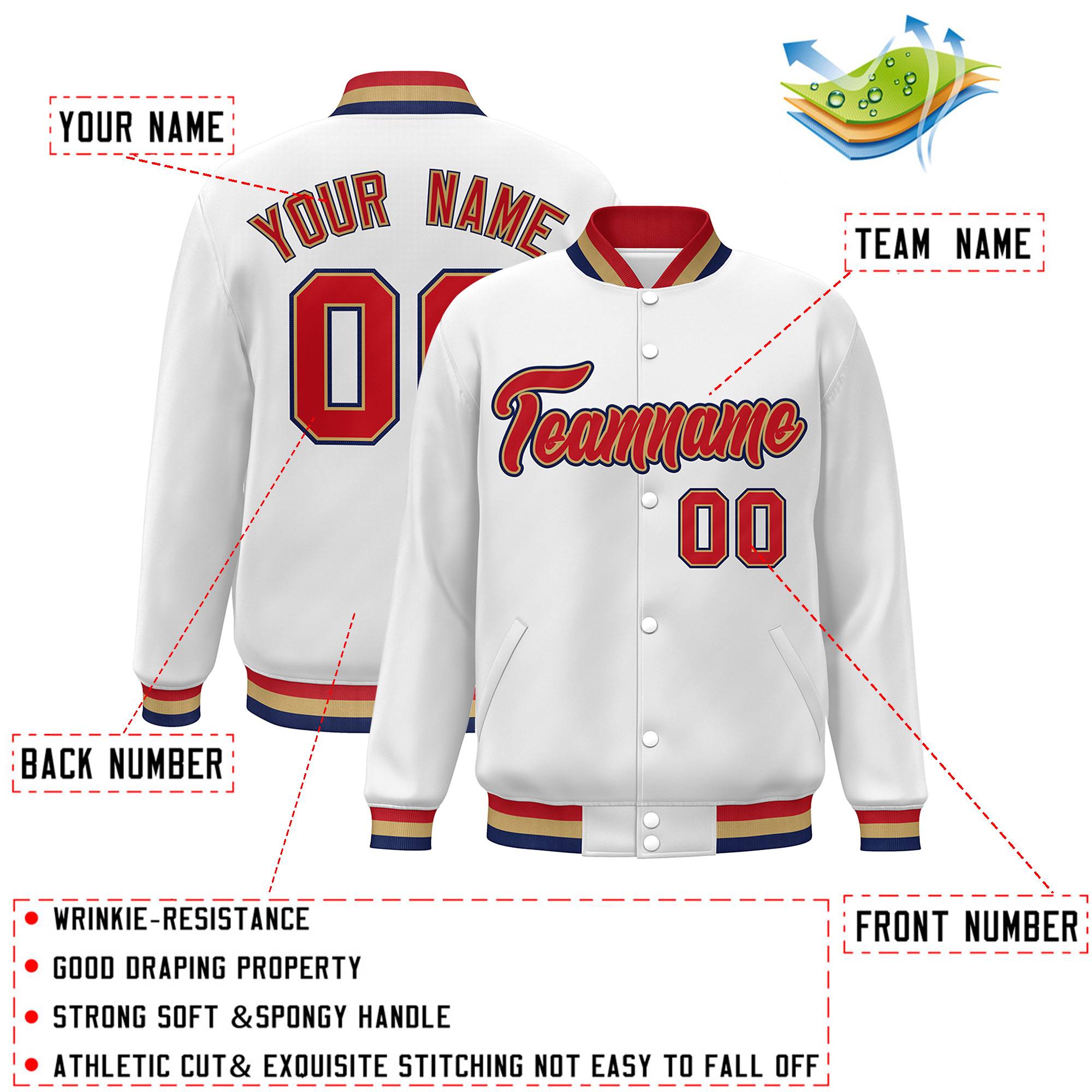 Custom White Red-Old Gold Classic Style Varsity Full-Snap Letterman Jacket