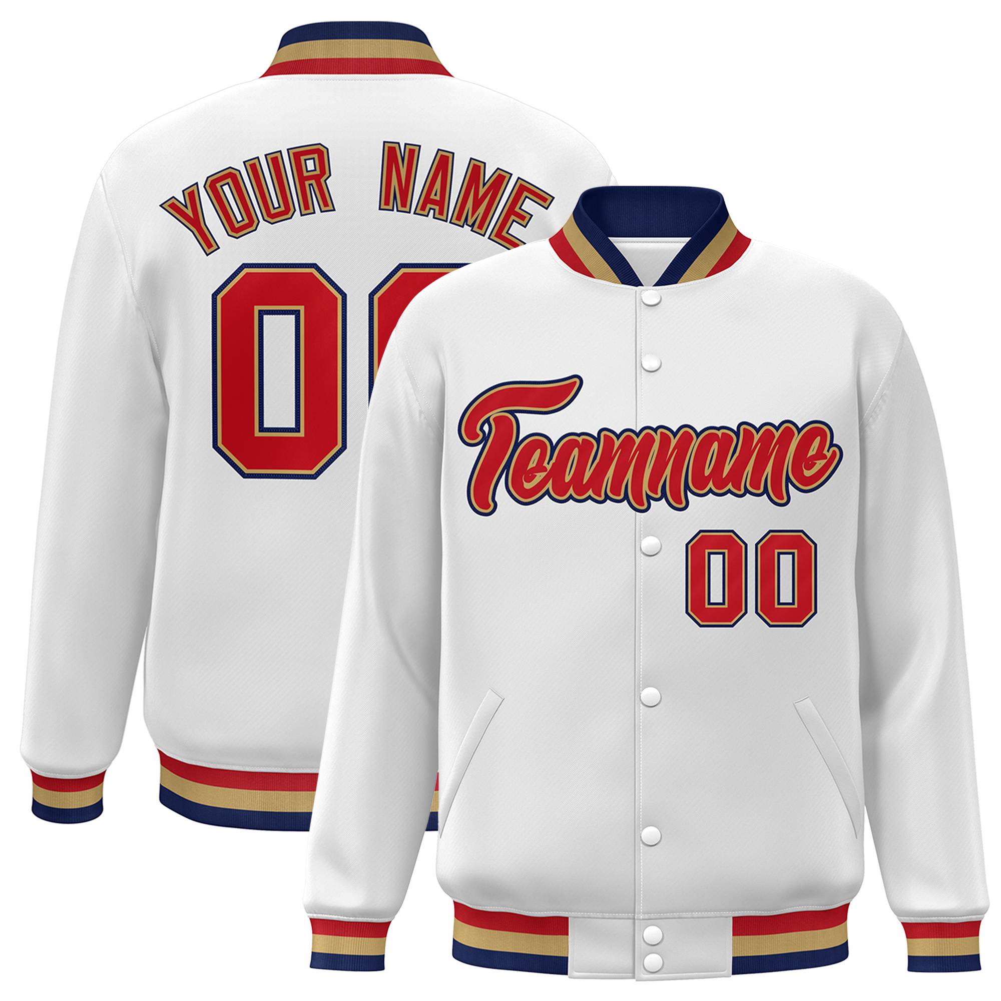 Custom White Red-Old Gold Classic Style Varsity Full-Snap Letterman Jacket