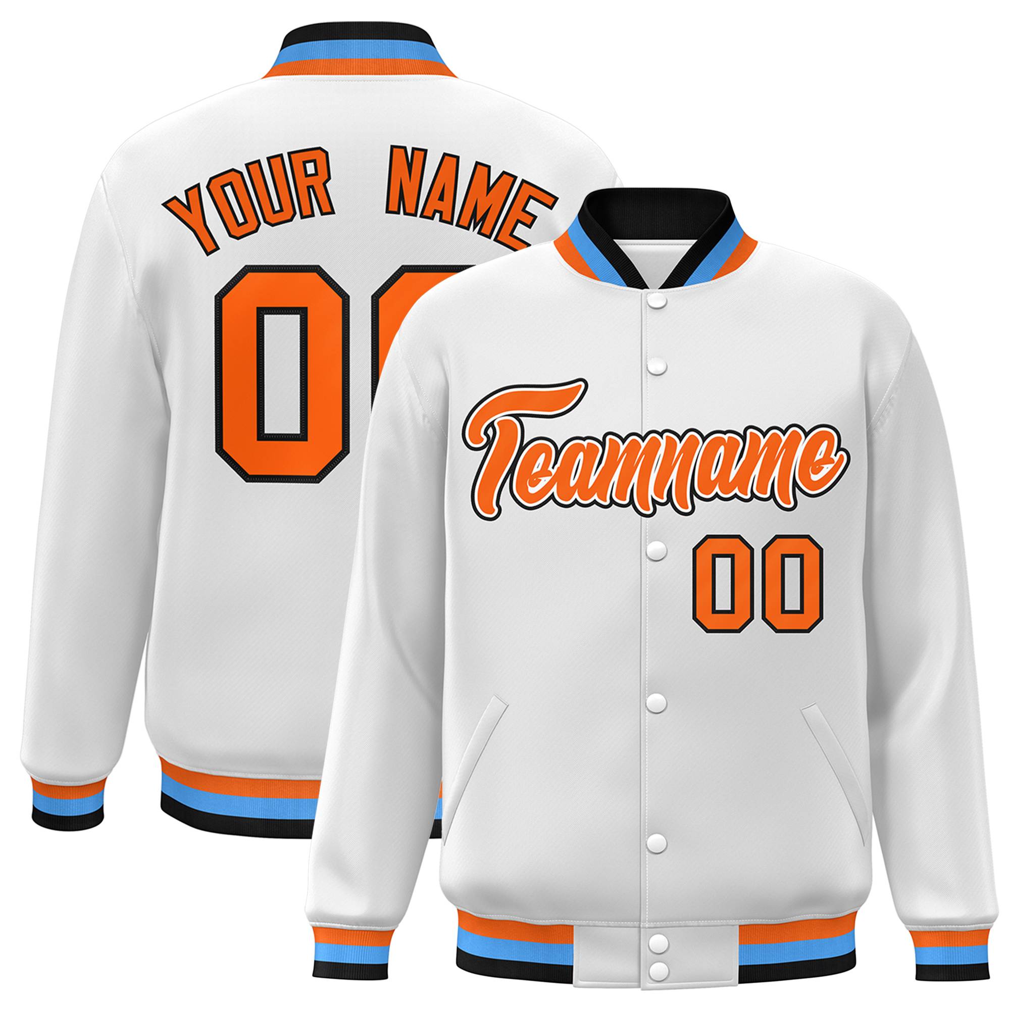 Custom White Orange-White Classic Style Varsity Full-Snap Letterman Jacket