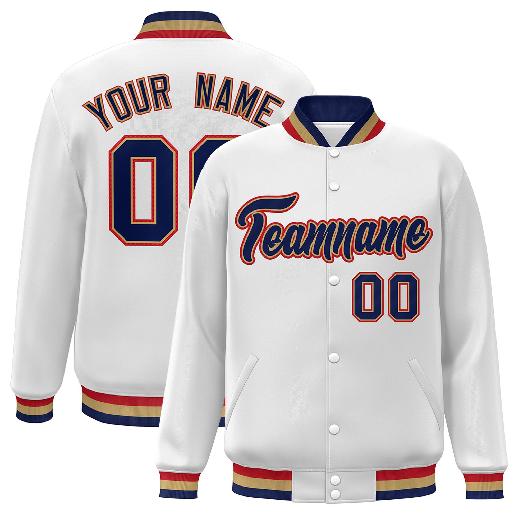 Custom White Navy-Old Gold Classic Style Varsity Full-Snap Letterman Jacket