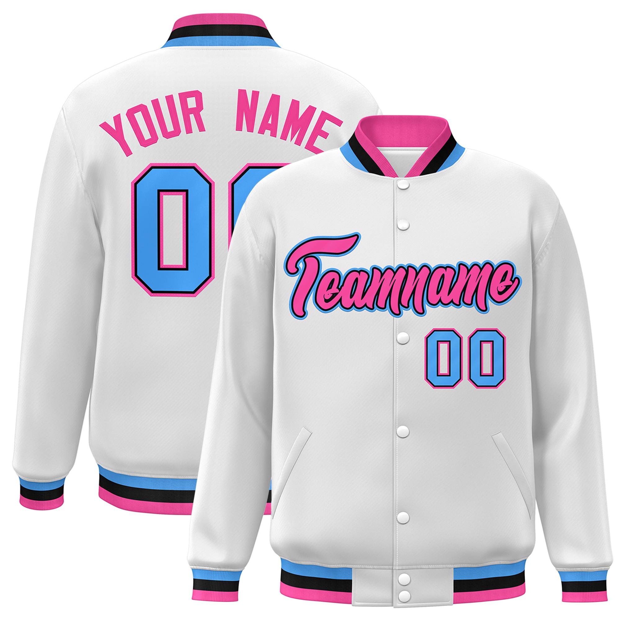 Custom White Pink-Black Classic Style Varsity Full-Snap Letterman Jacket