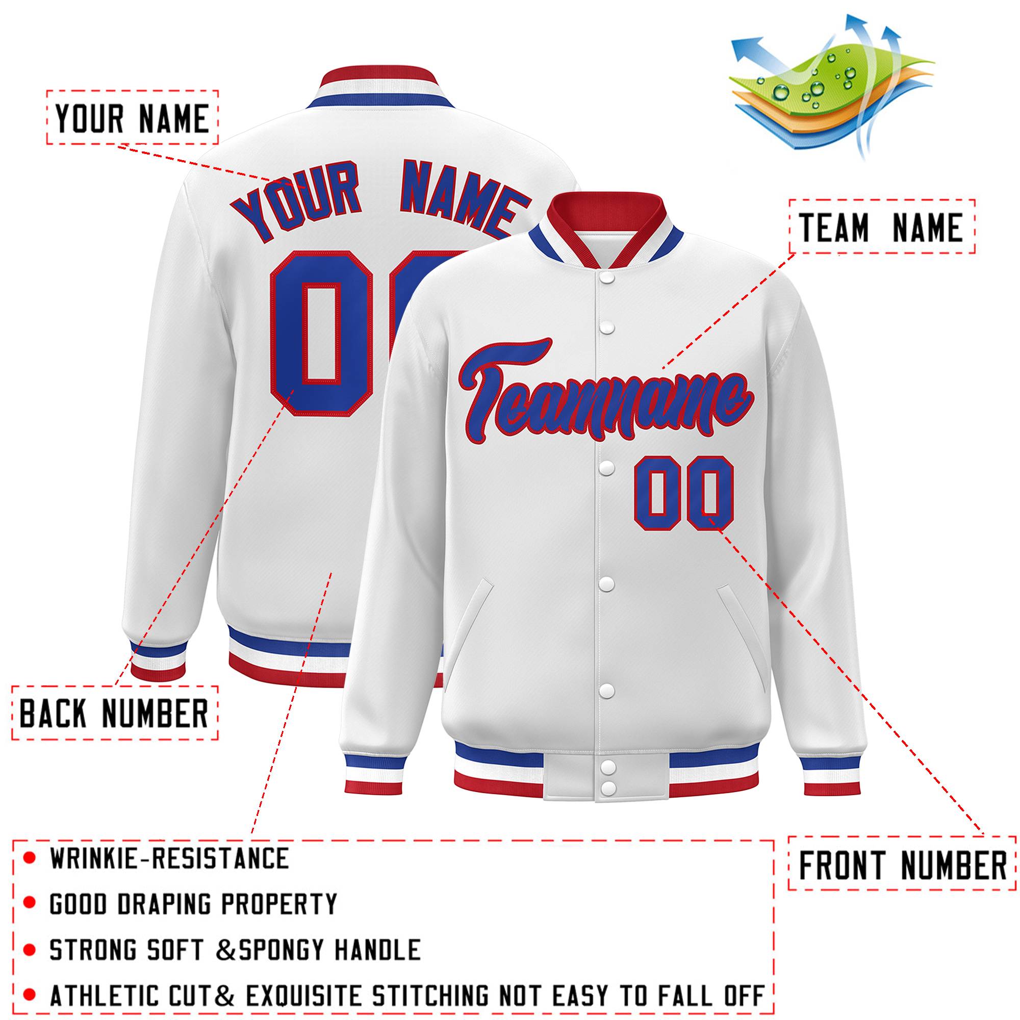 Custom White Royal-Red Classic Style Varsity Full-Snap Letterman Jacket