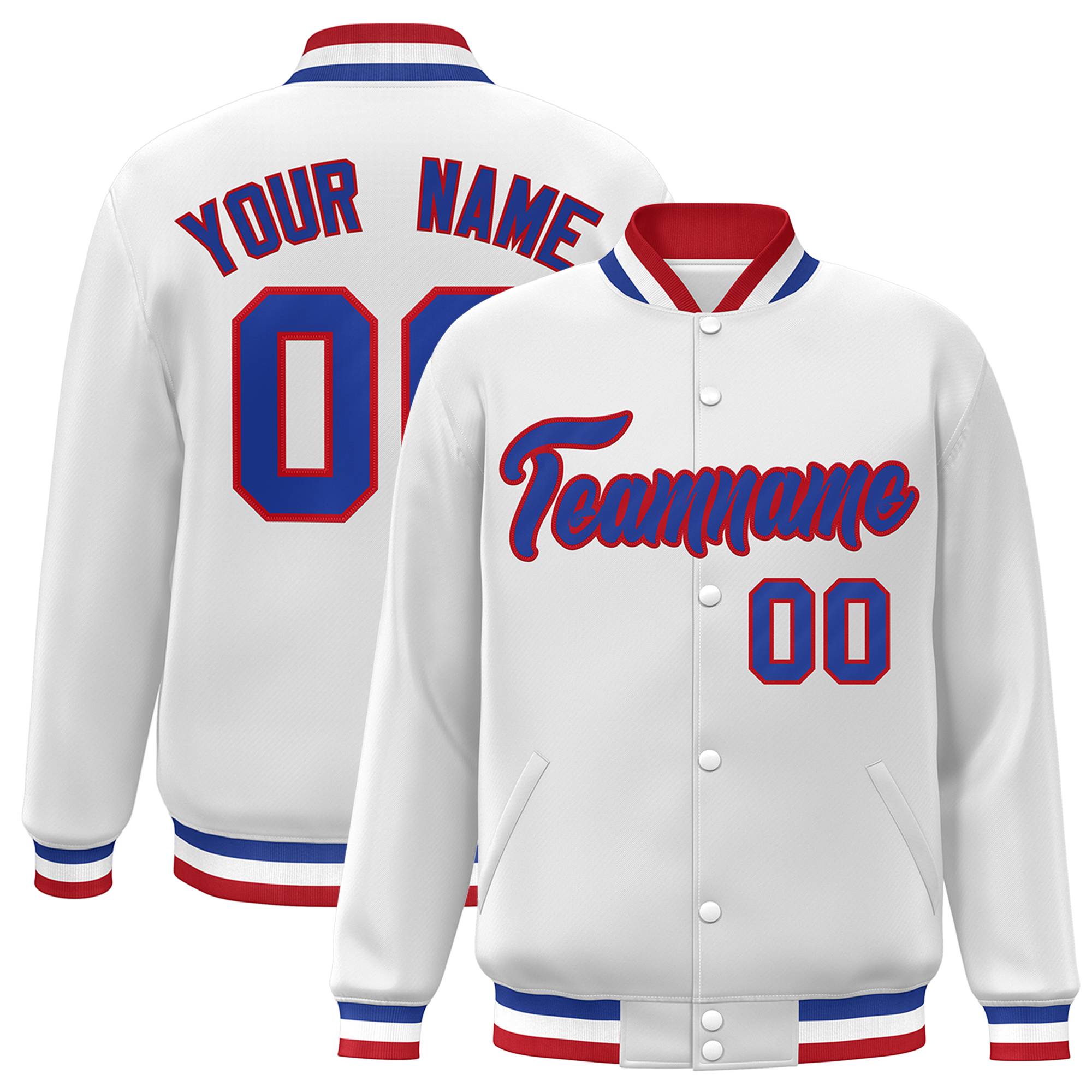 Custom White Royal-Red Classic Style Varsity Full-Snap Letterman Jacket