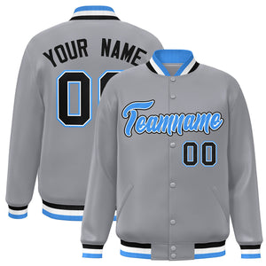 Custom Gray Powder Blue-White Classic Style Varsity Full-Snap Letterman Jacket