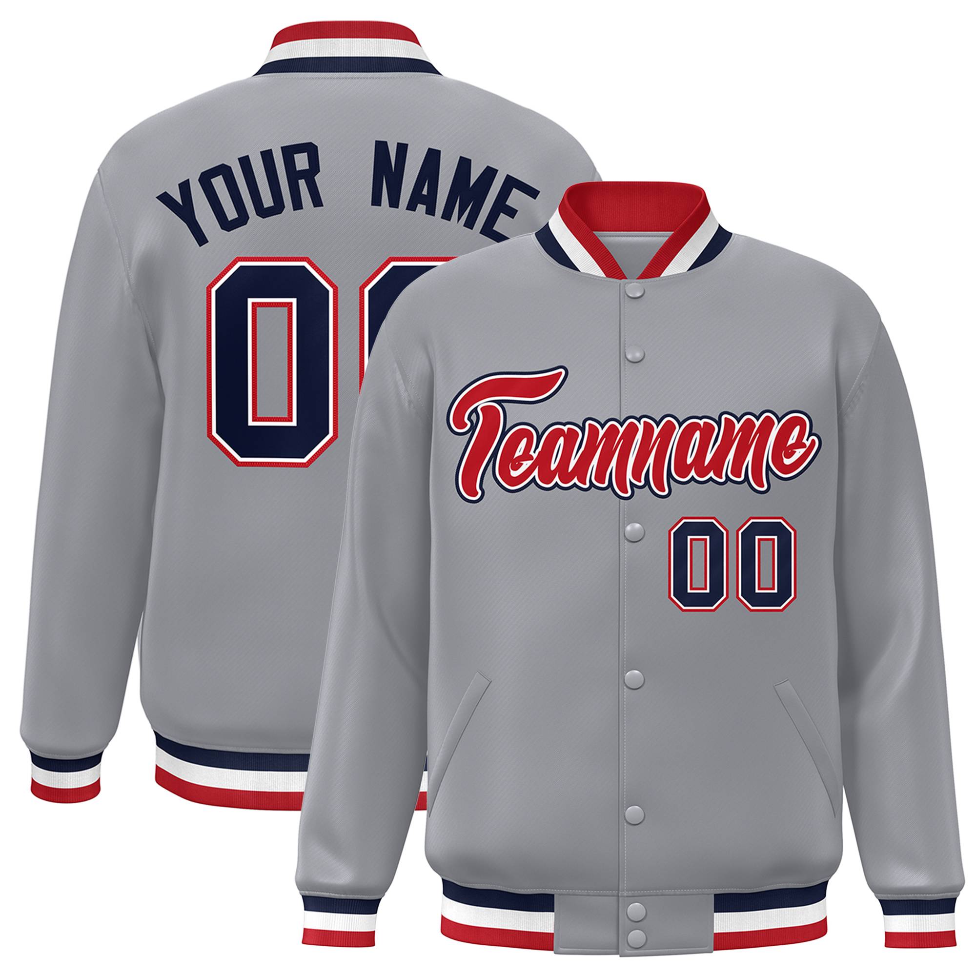 Custom Gray Red-White Classic Style Varsity Full-Snap Letterman Jacket