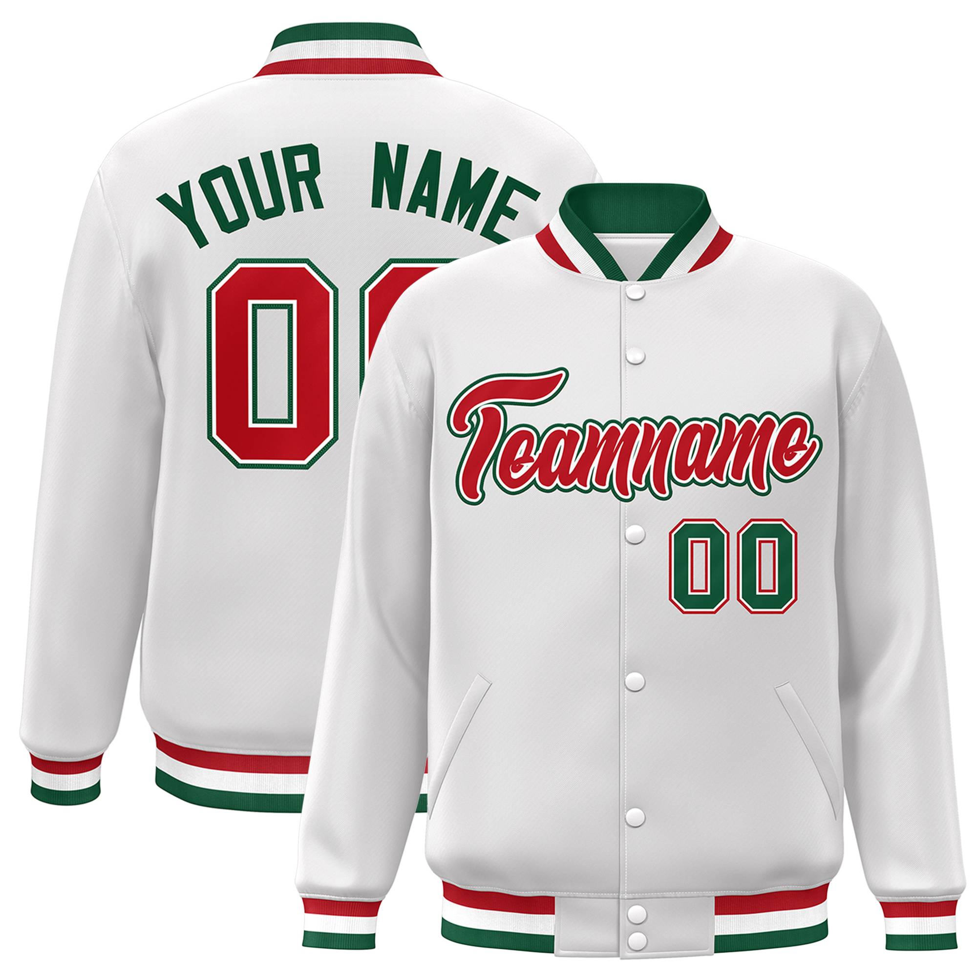 Custom White Red-White Classic Style Varsity Full-Snap Letterman Jacket