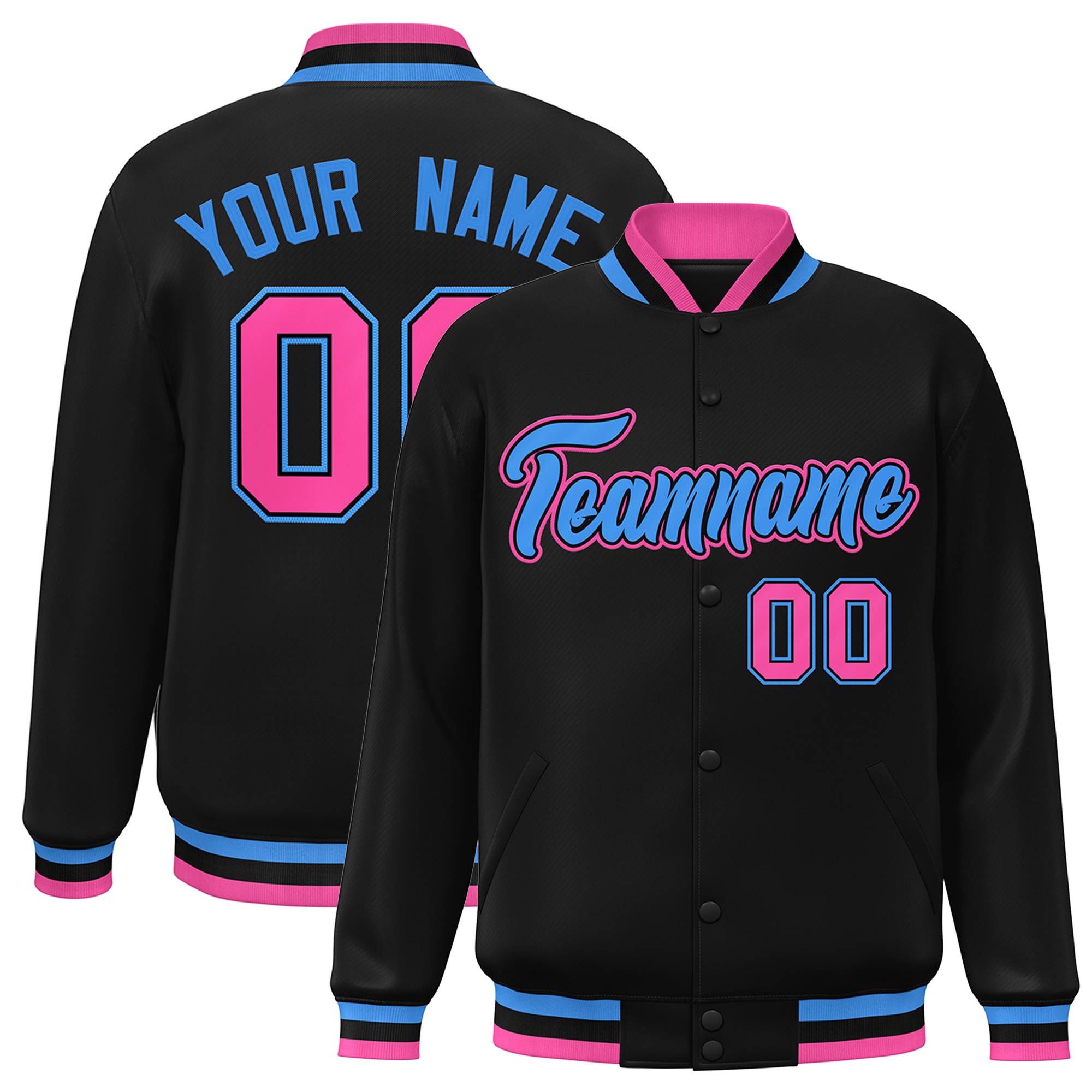 Custom Black Powder Blue-Black Classic Style Varsity Full-Snap Letterman Jacket