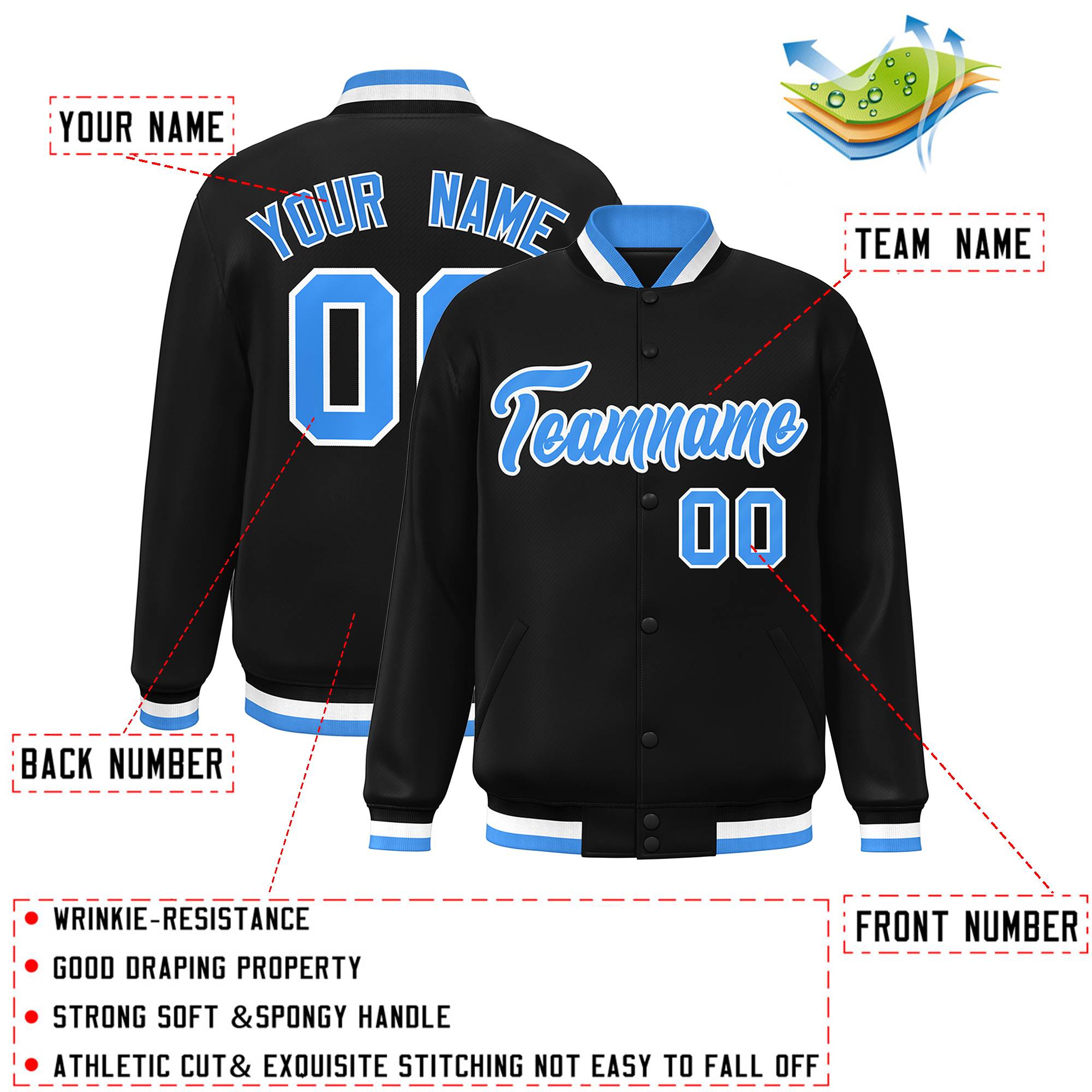 Custom Black Powder Blue-White Classic Style Varsity Full-Snap Letterman Jacket