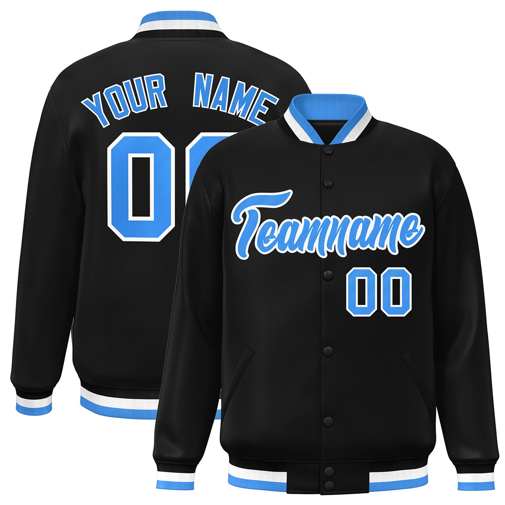 Custom Black Powder Blue-White Classic Style Varsity Full-Snap Letterman Jacket