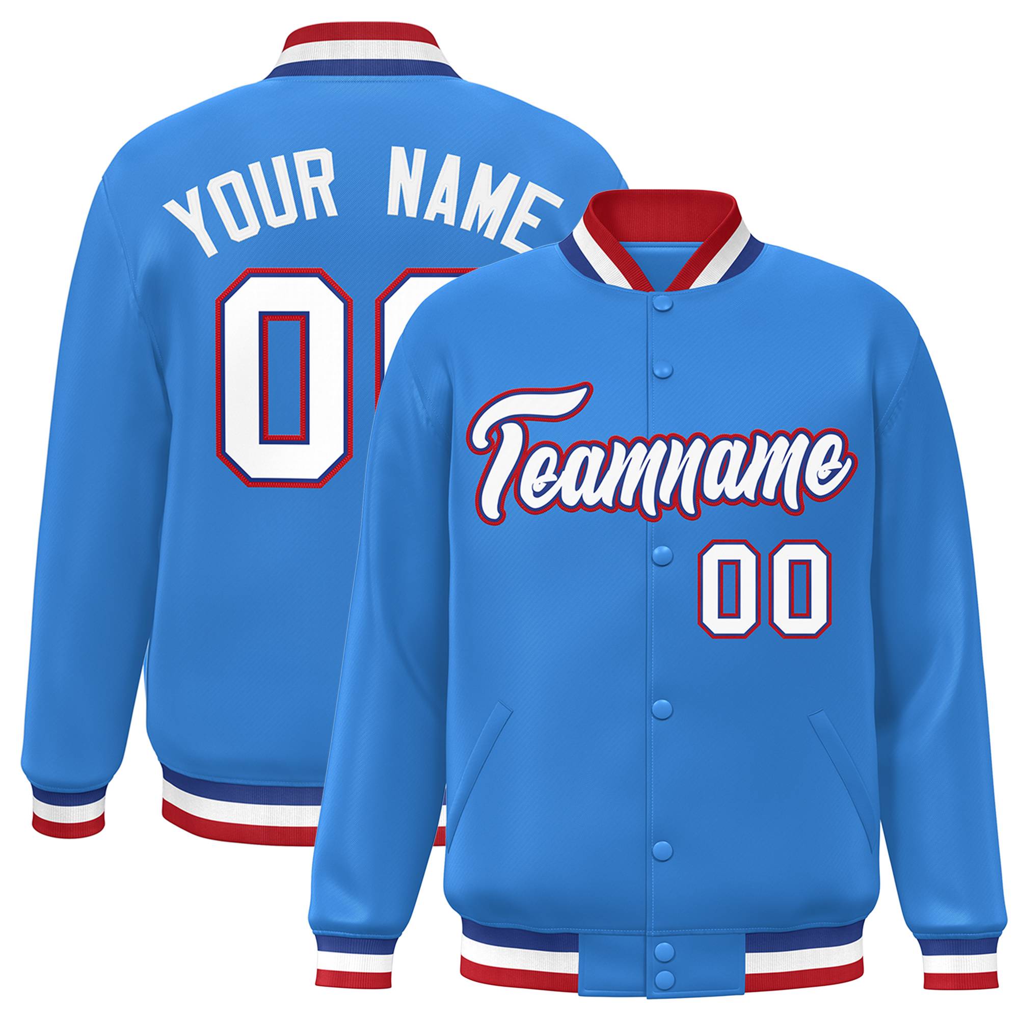 Custom Powder Blue White-Royal Classic Style Varsity Full-Snap Letterman Jacket