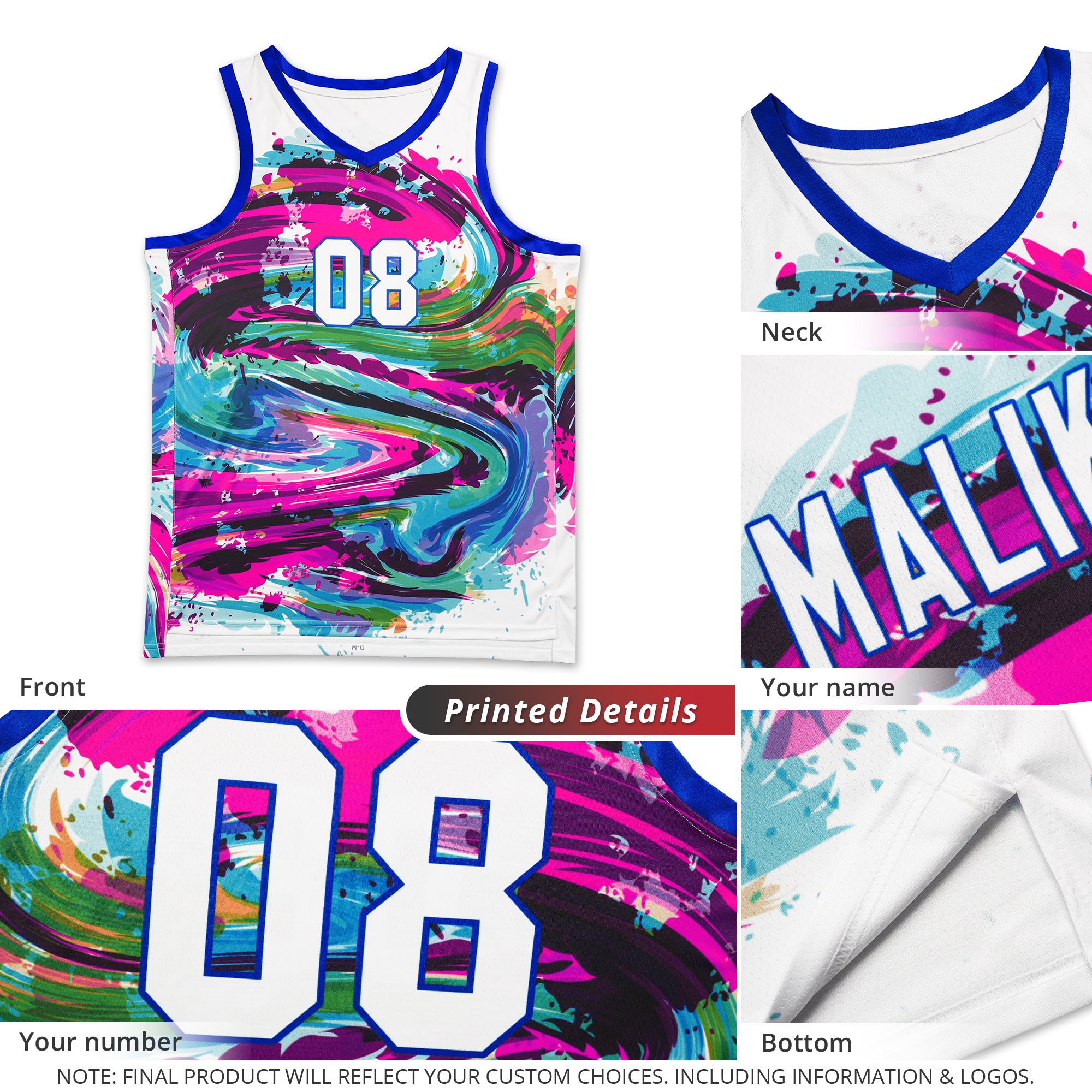 Custom White White-Royal Graffiti Pattern Tops Mesh Basketball Jersey