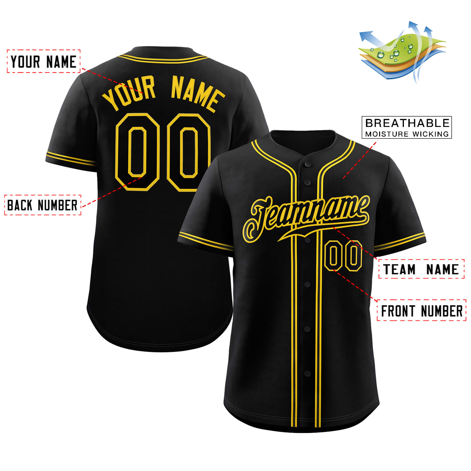 Maillot de baseball authentique de style classique en or noir personnalisé