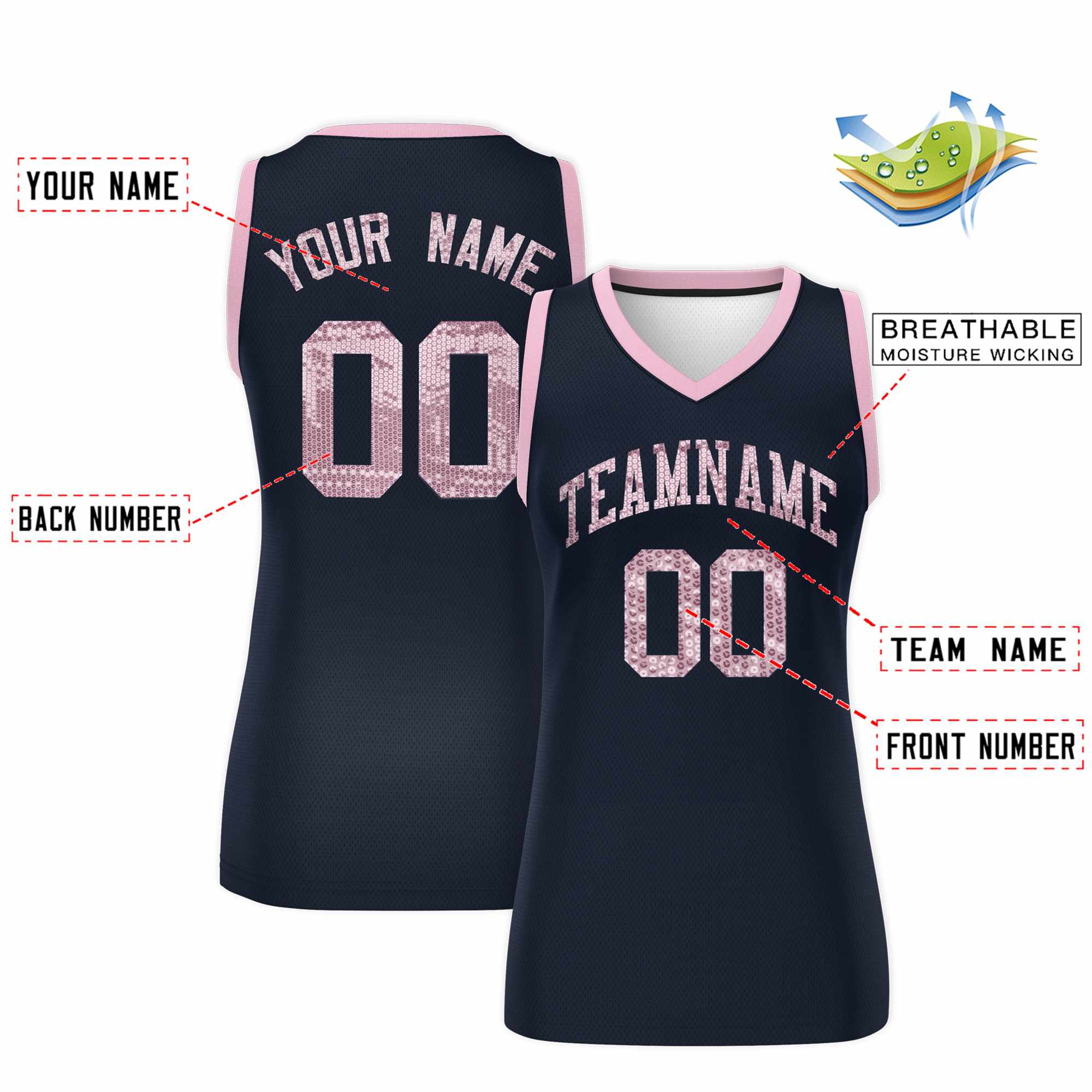 Custom Navy Light Pink Women Basketball Jersey Dress