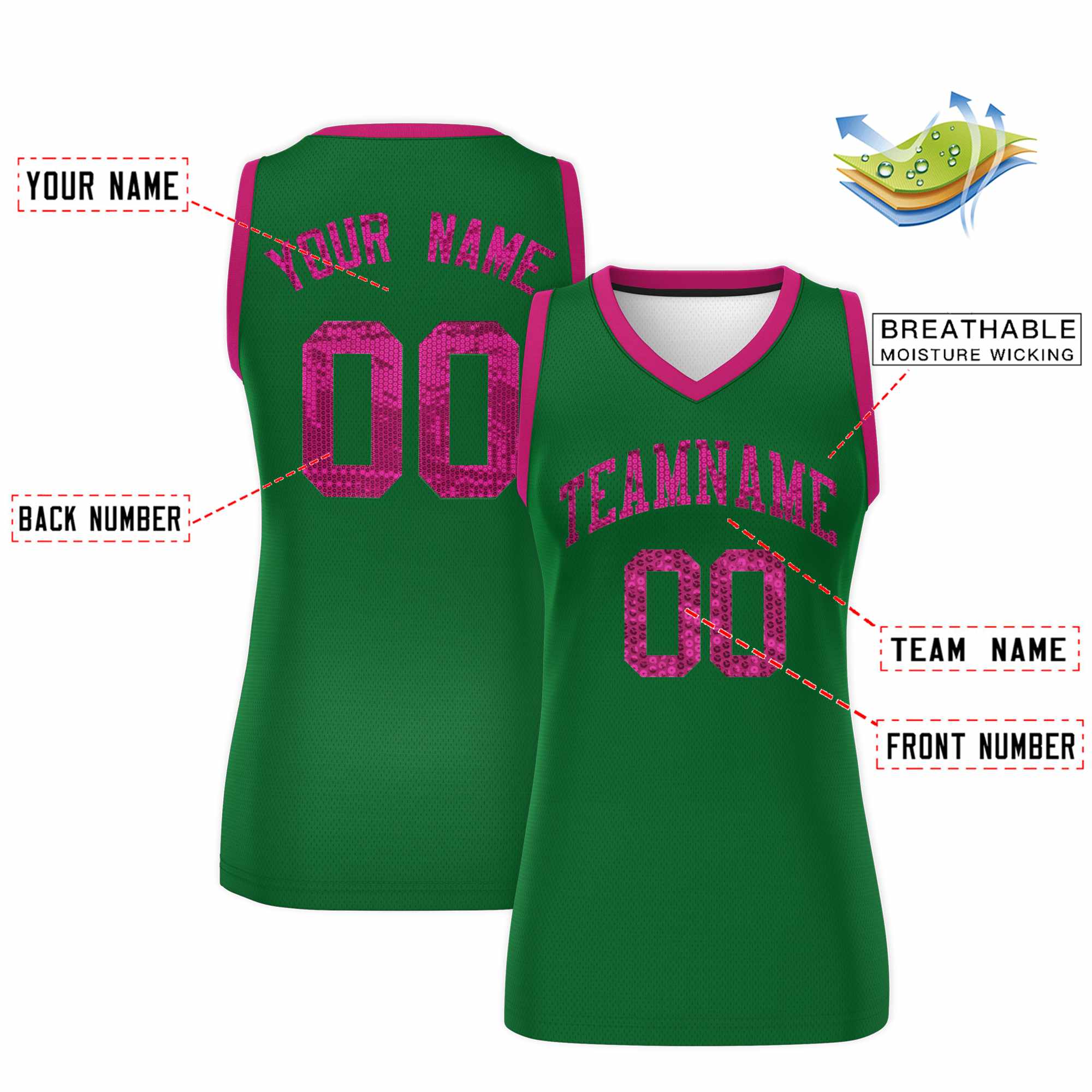 Custom Kelly Green Pink Women Basketball Jersey Dress