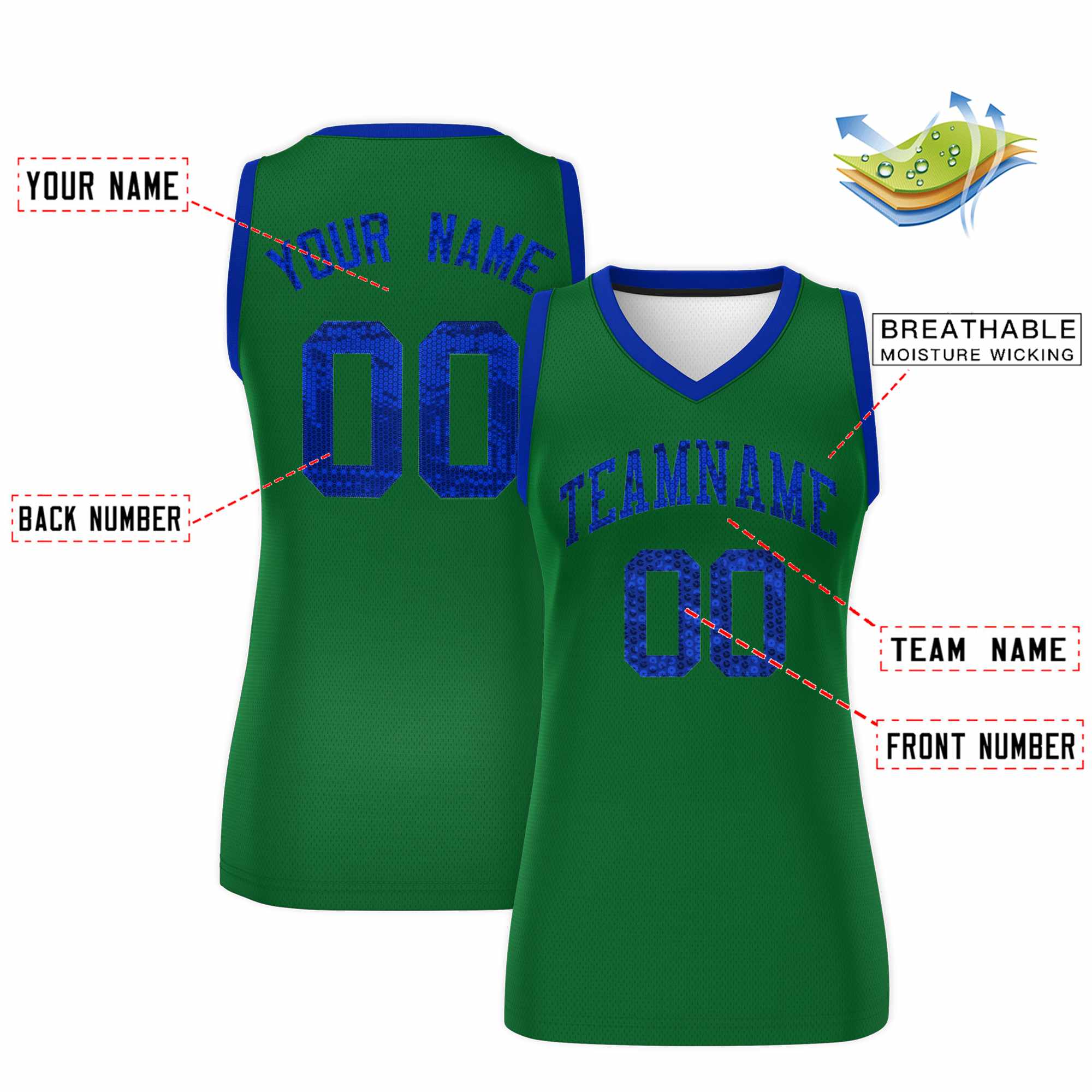 Custom Kelly Green Royal Women Basketball Jersey Dress