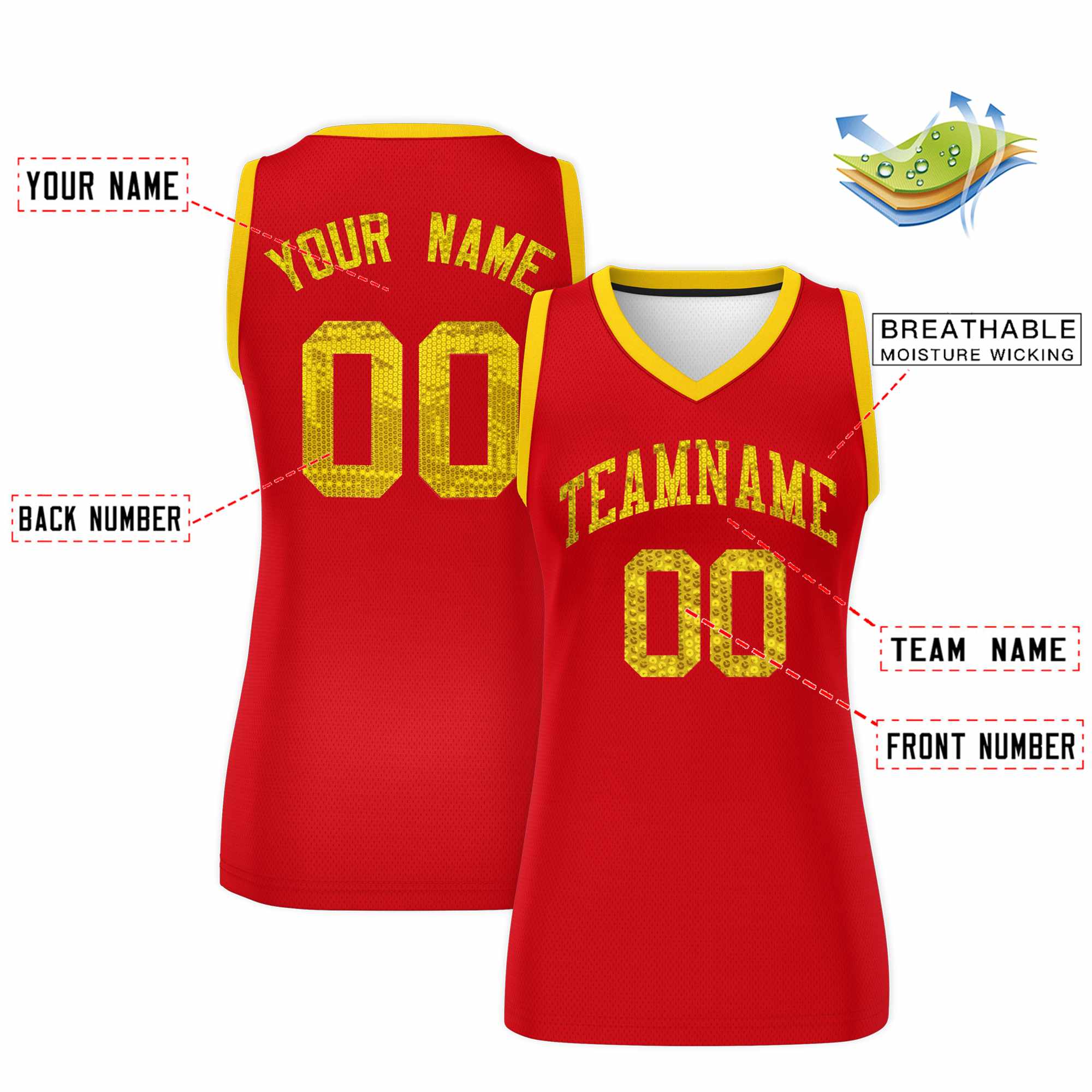 Custom Red Gold Women Basketball Jersey Dress