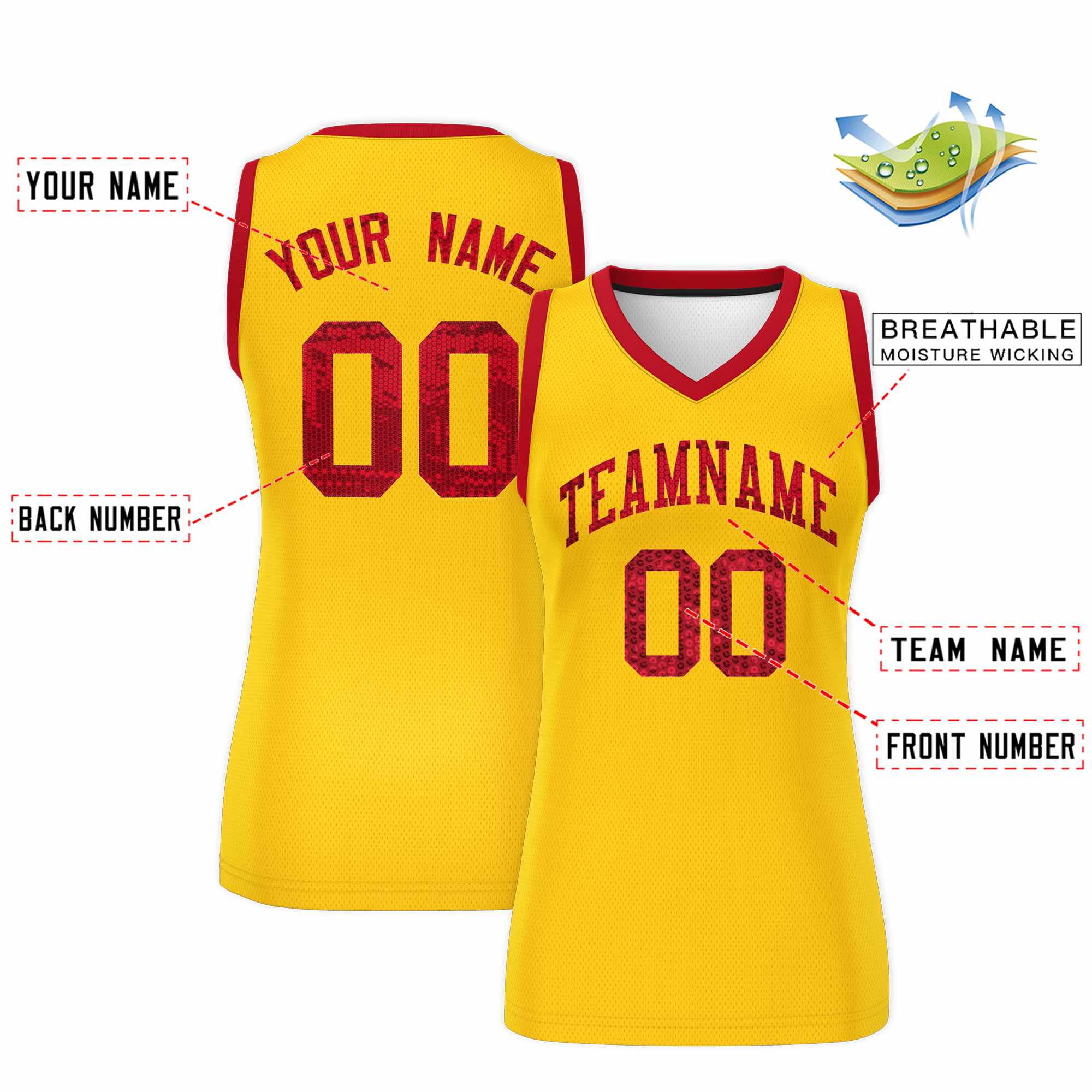 Custom Gold Red Women Basketball Jersey Dress