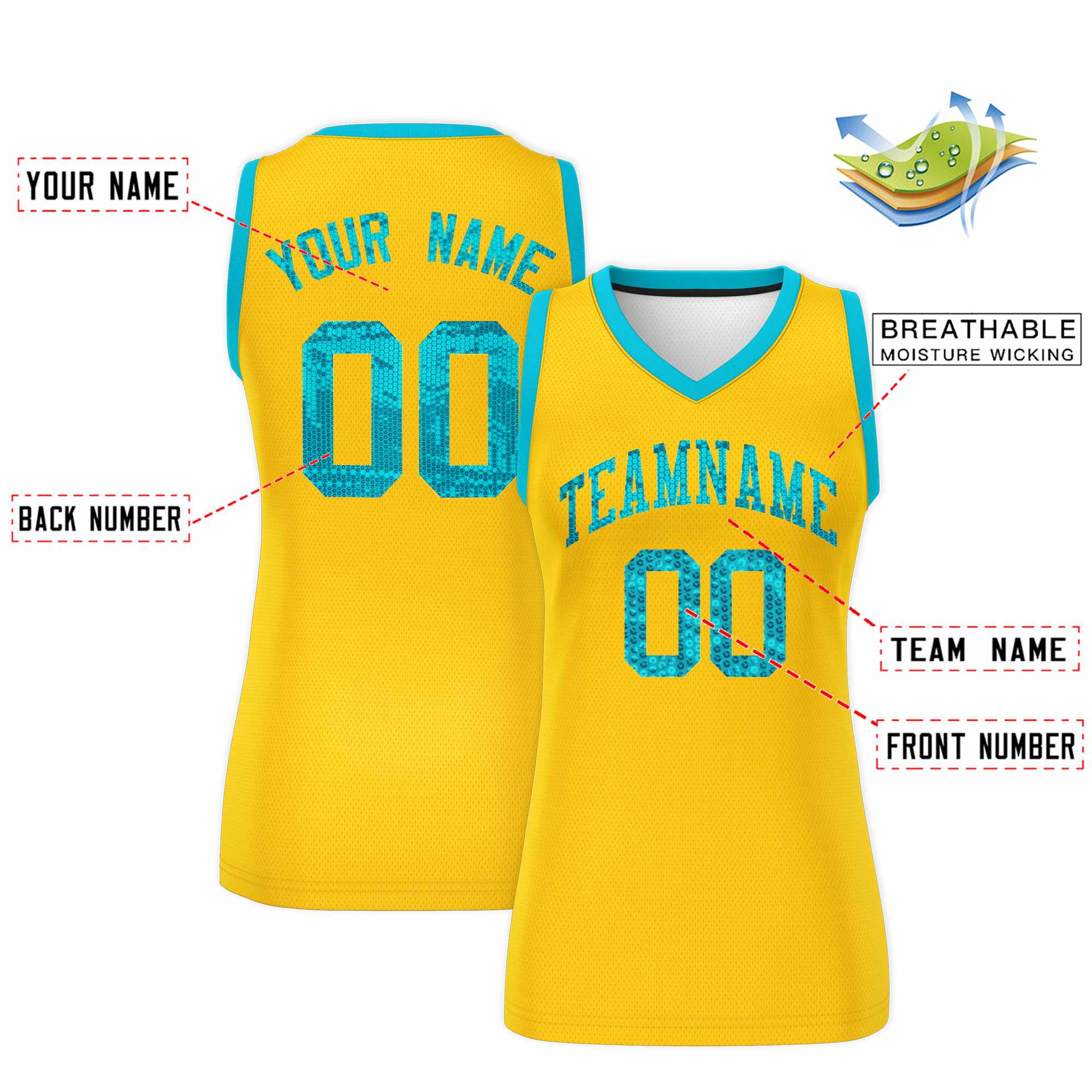 Custom Gold Sky Blue Women Basketball Jersey Dress