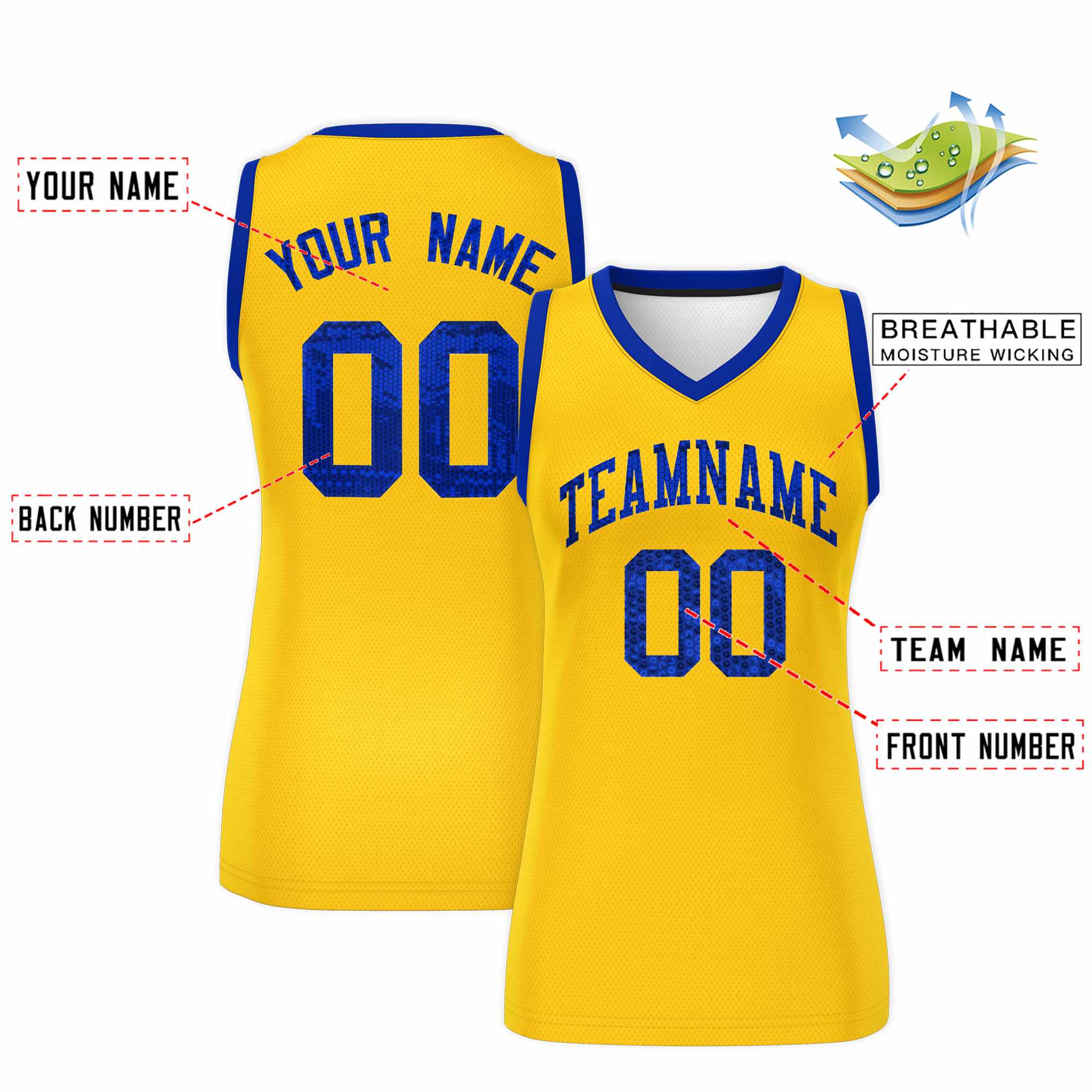 Custom Gold Royal Women Basketball Jersey Dress