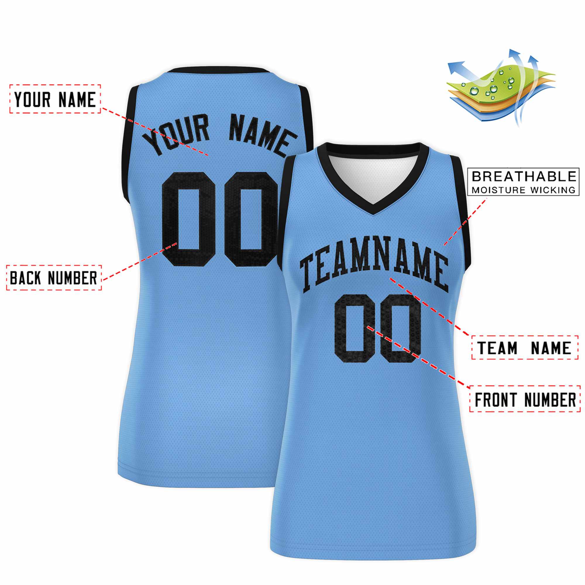 Custom Light Blue Black Women Basketball Jersey Dress