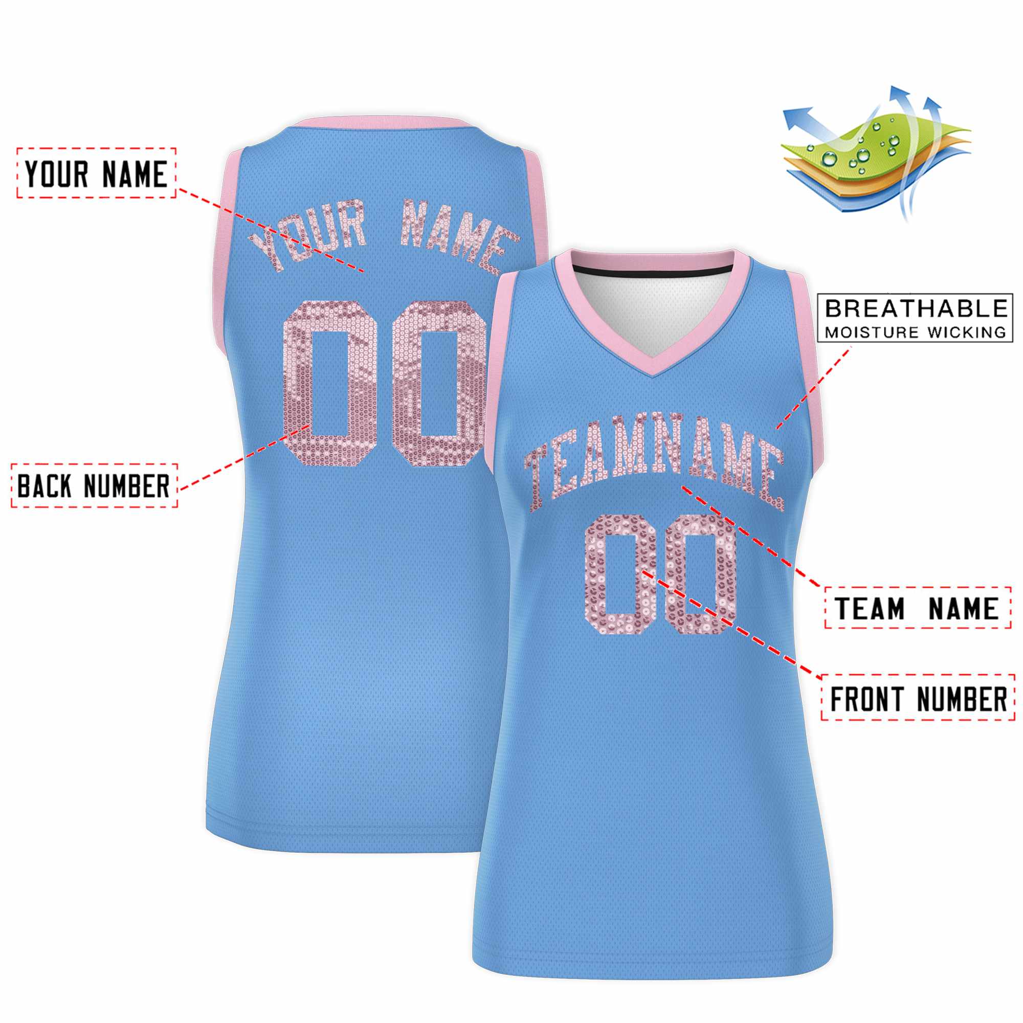 Custom Light Blue Light Pink Women Basketball Jersey Dress