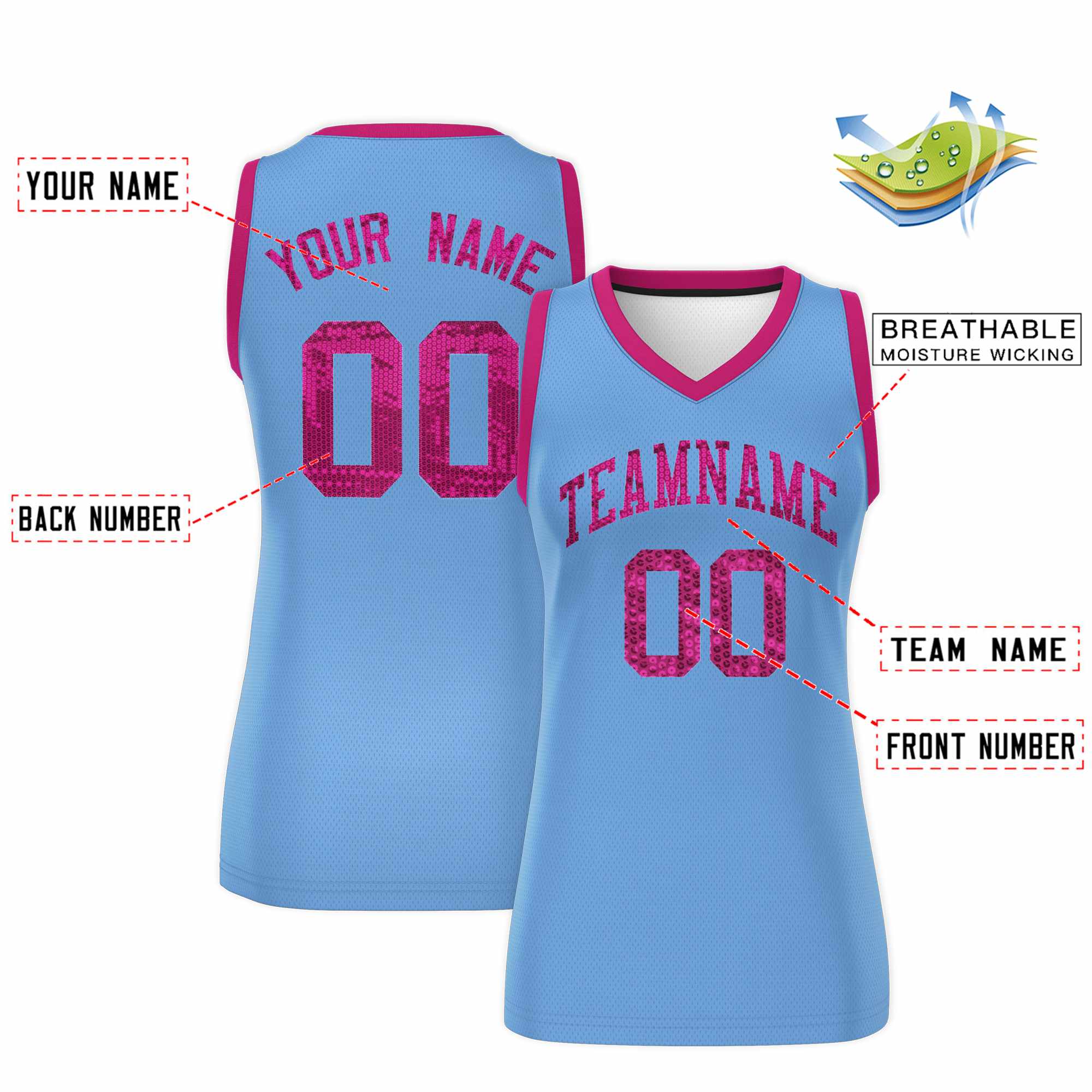 Custom Light Blue Pink Women Basketball Jersey Dress