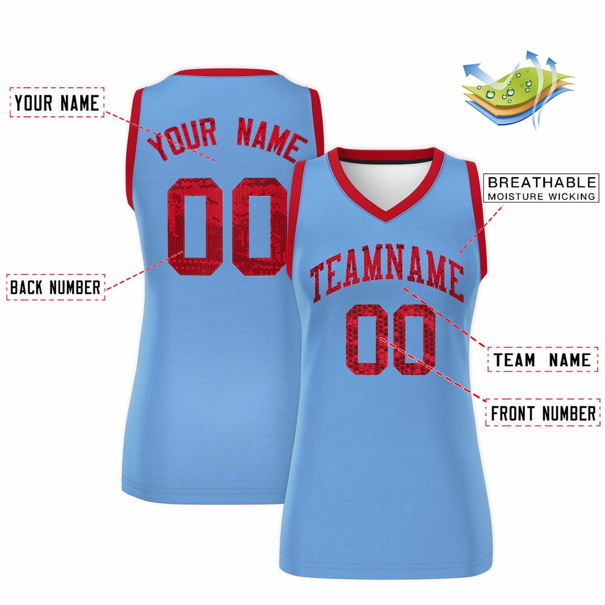 Custom Light Blue Red Women Basketball Jersey Dress