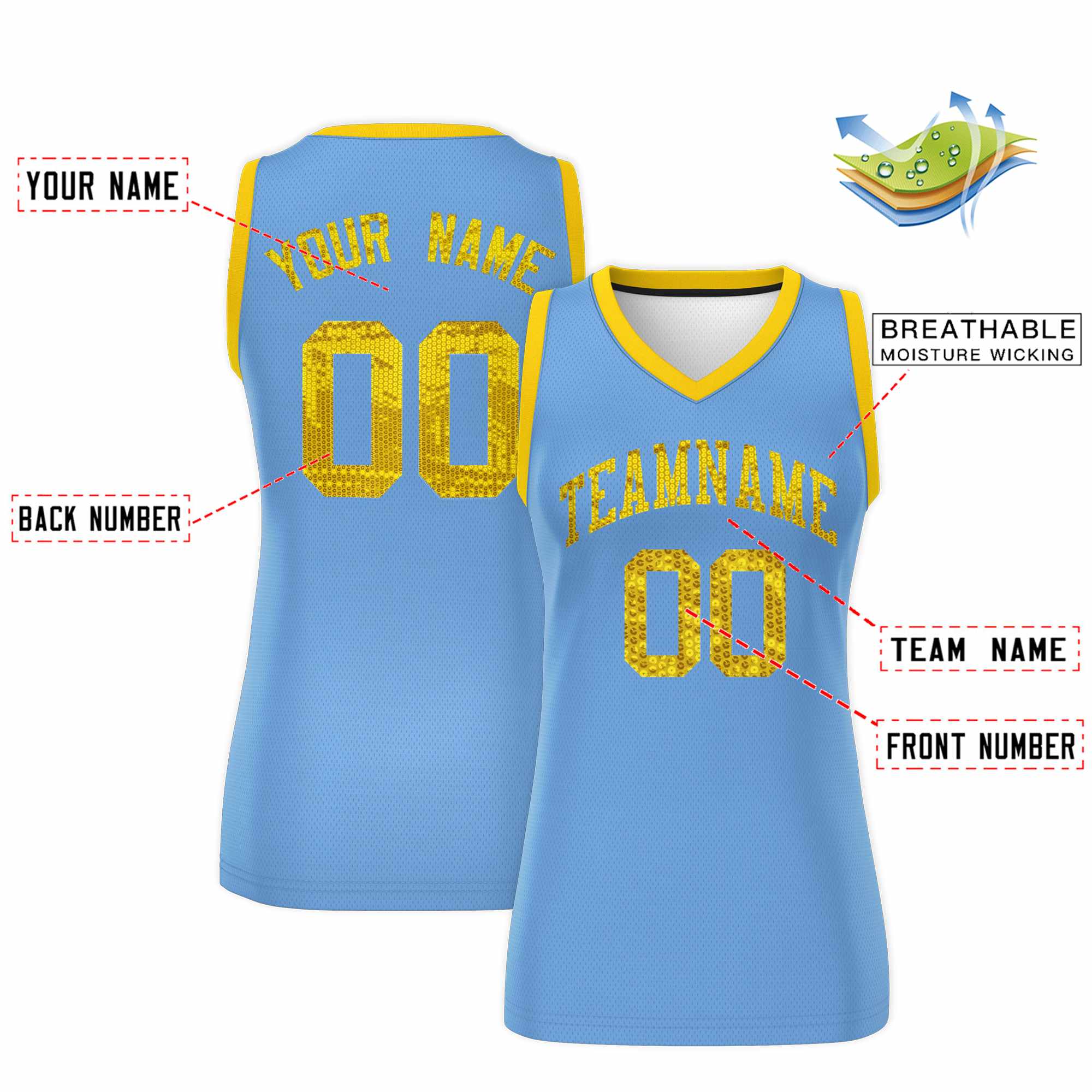 Custom Light Blue Gold Women Basketball Jersey Dress