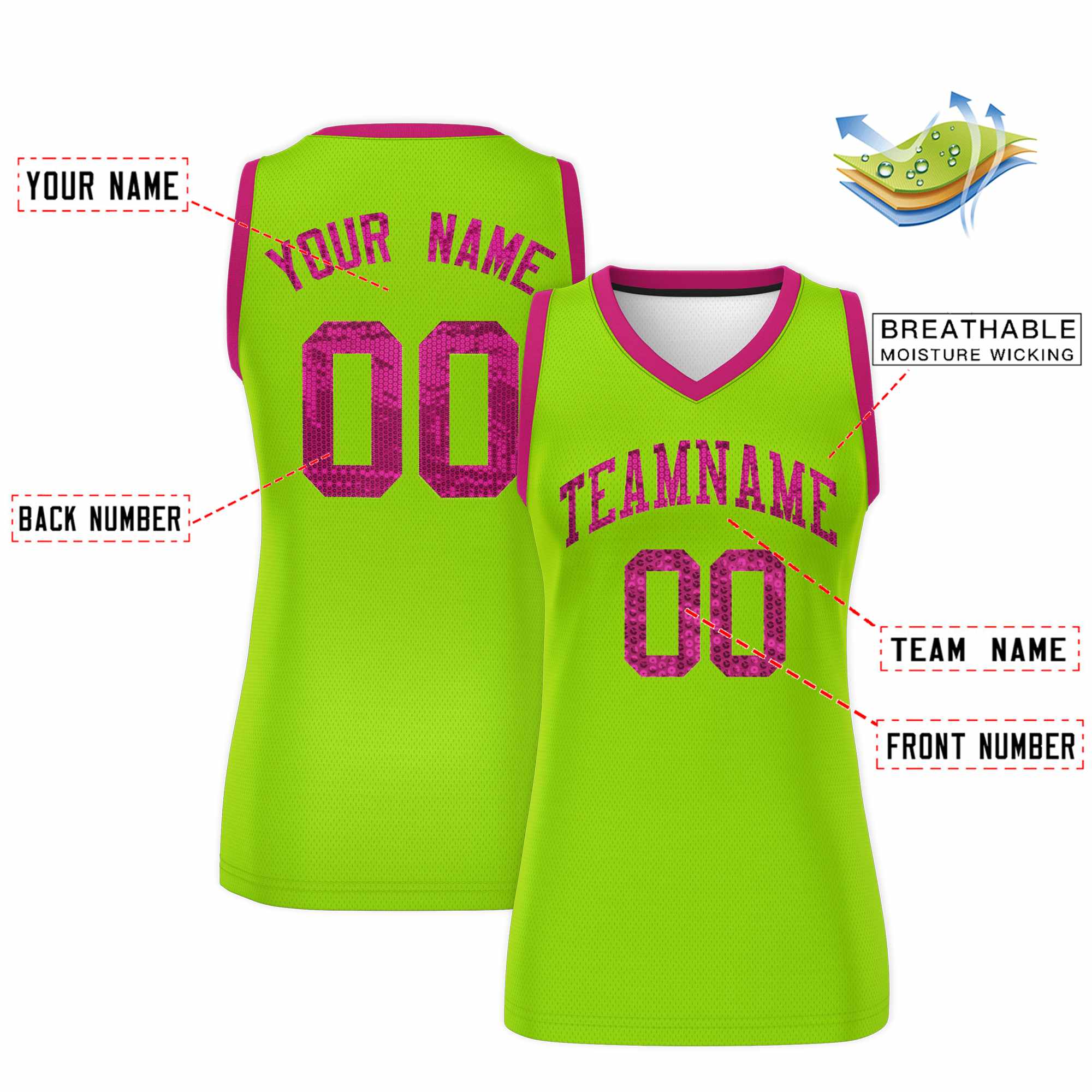 Custom Neon Green Pink Women Basketball Jersey Dress