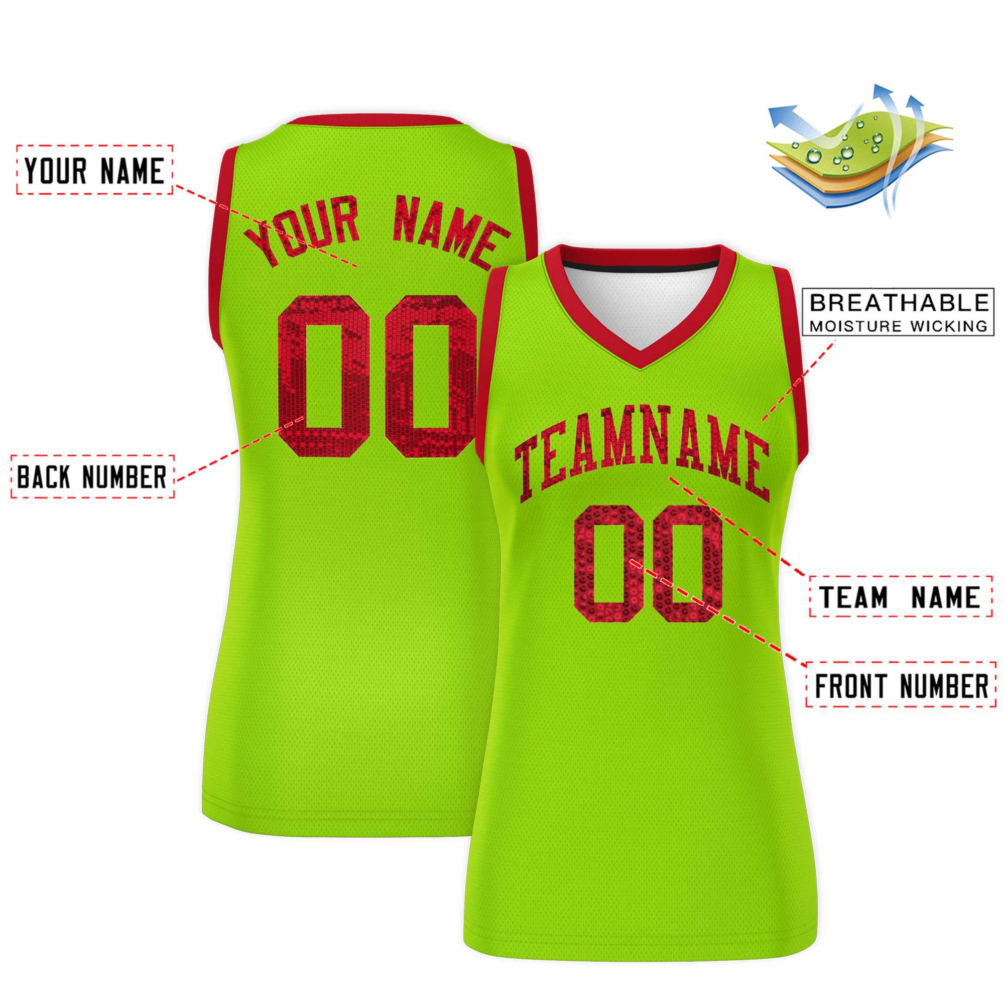 Custom Neon Green Red Women Basketball Jersey Dress