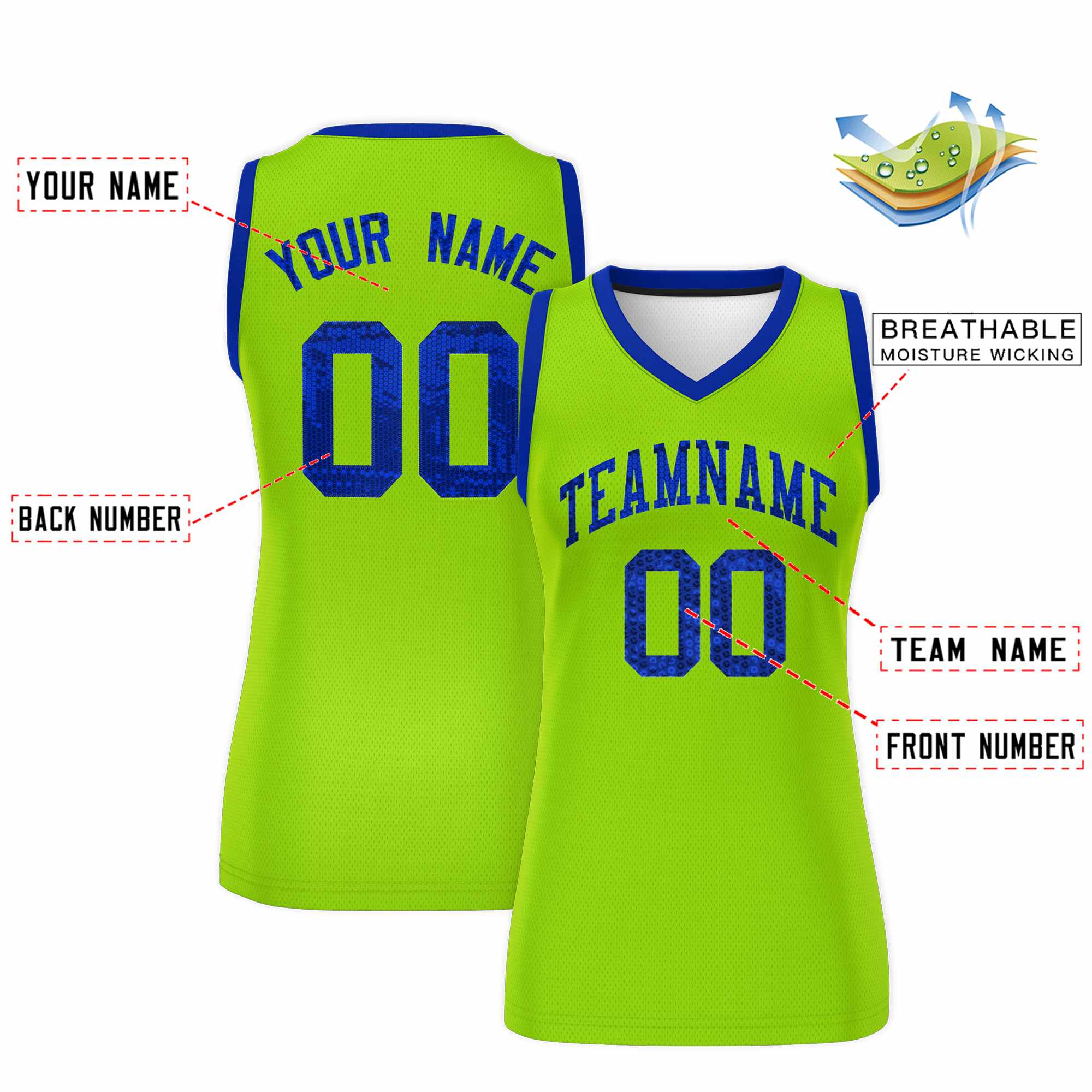 Custom Neon Green Royal Women Basketball Jersey Dress