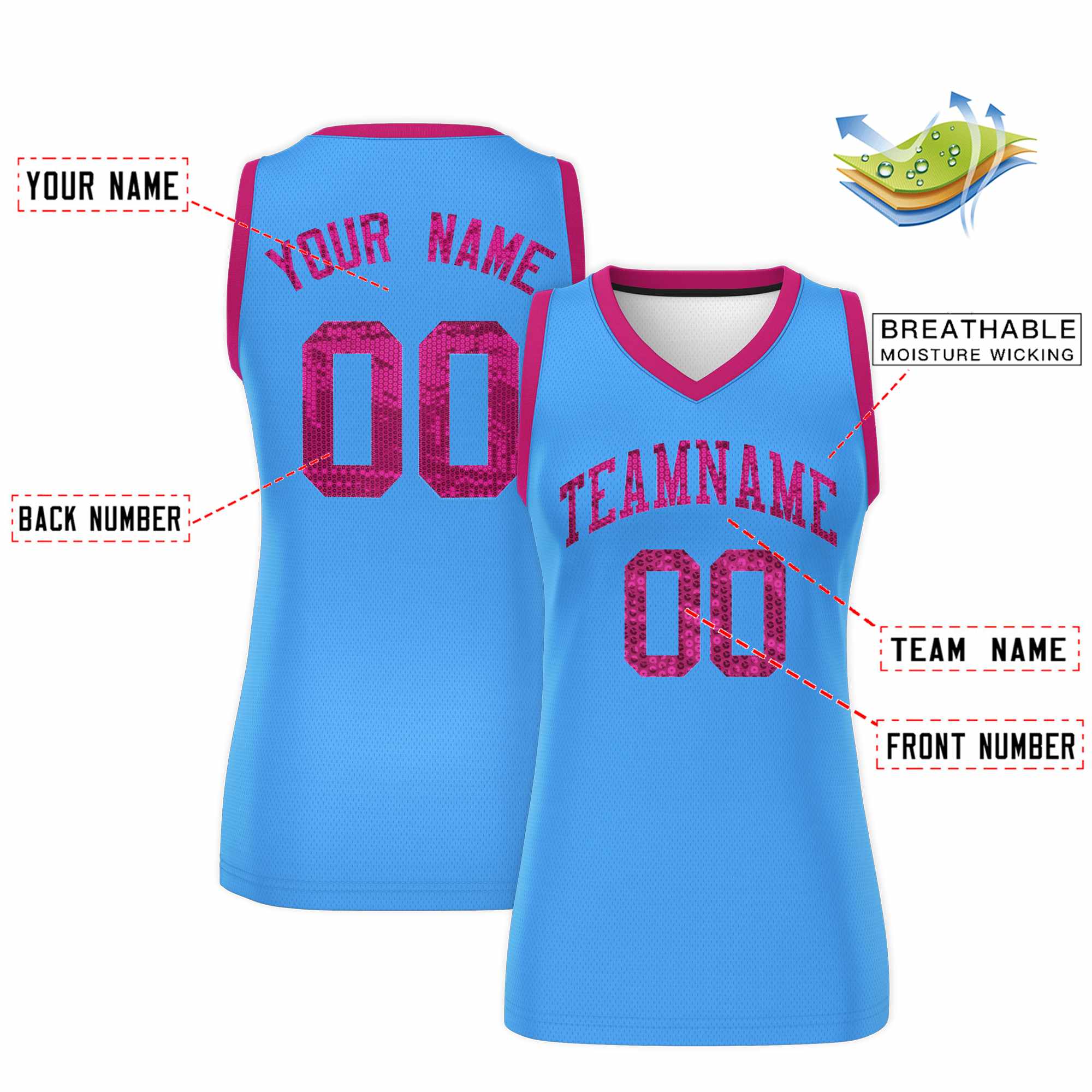 Custom Powder Blue Pink Women Basketball Jersey Dress