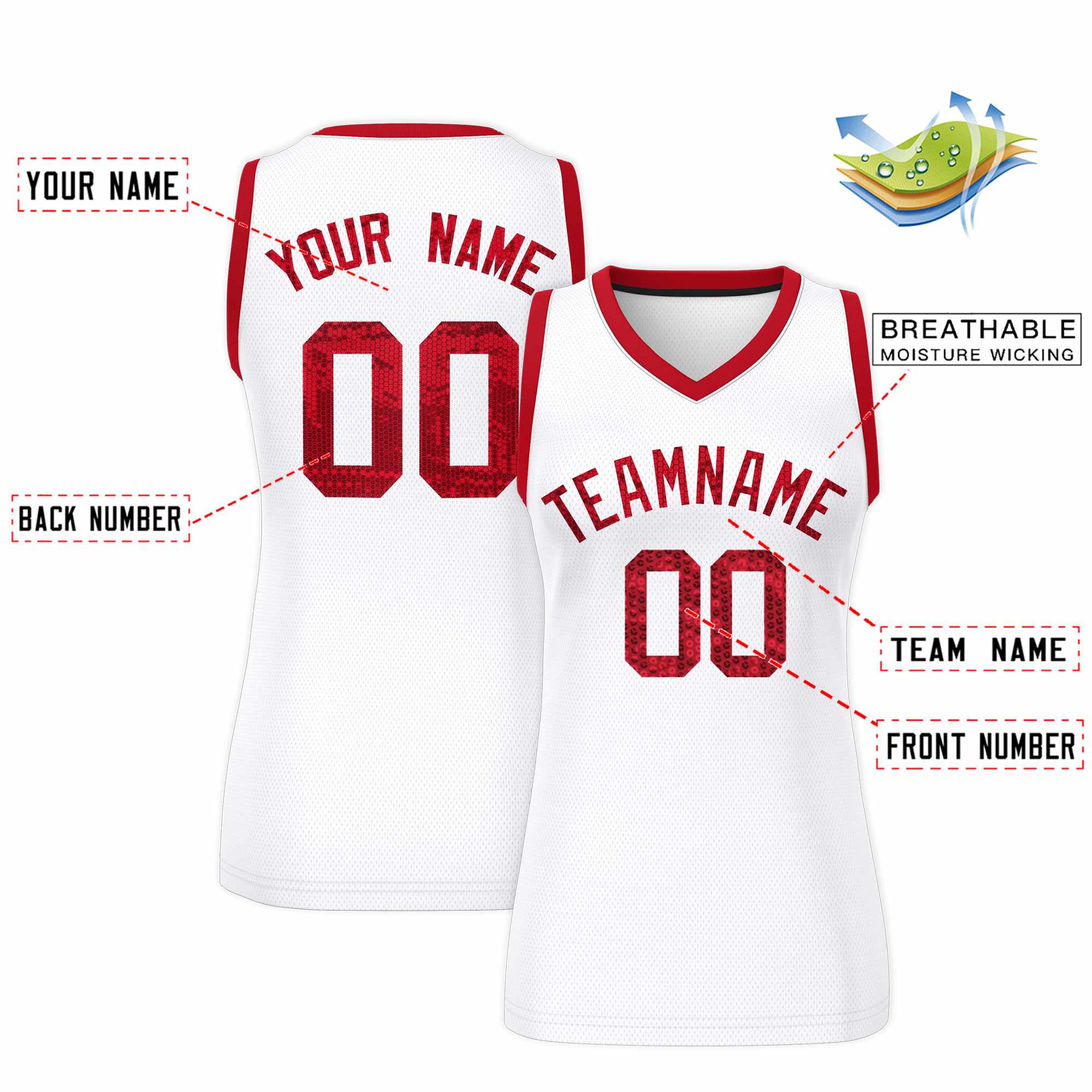 Custom White Red Women Basketball Jersey Dress