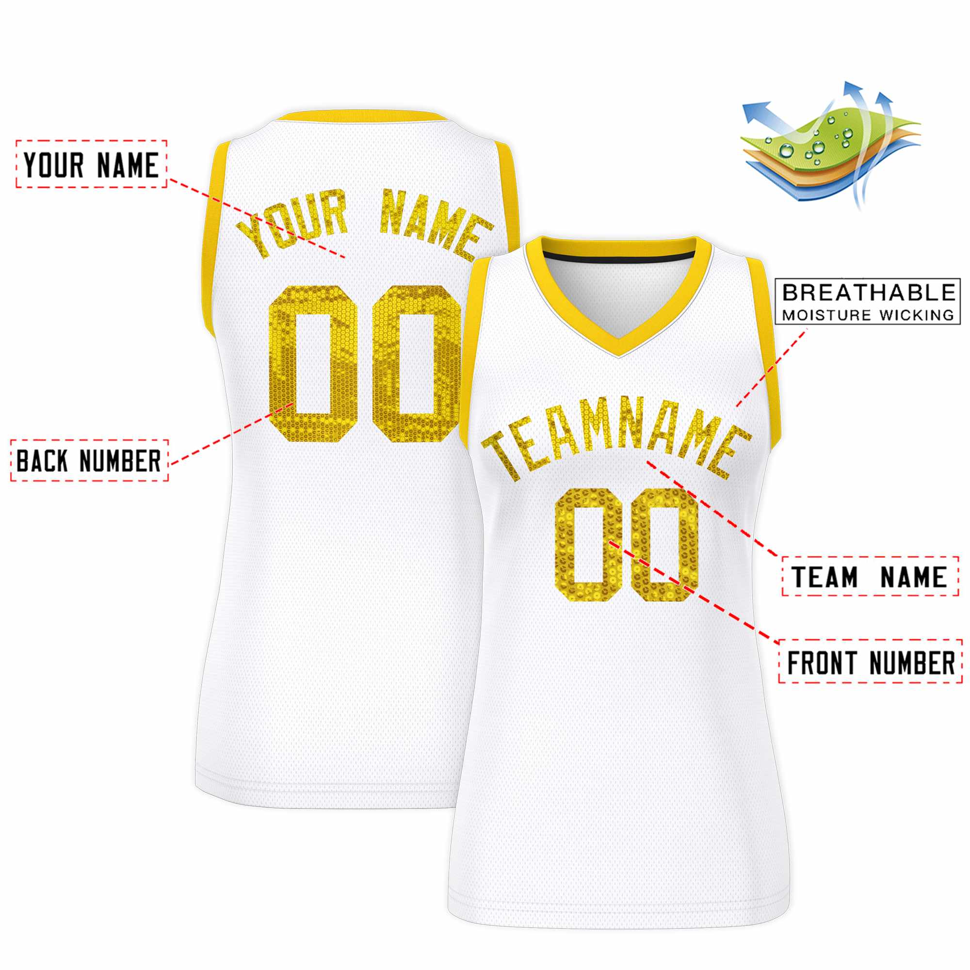 Custom White Gold Women Basketball Jersey Dress