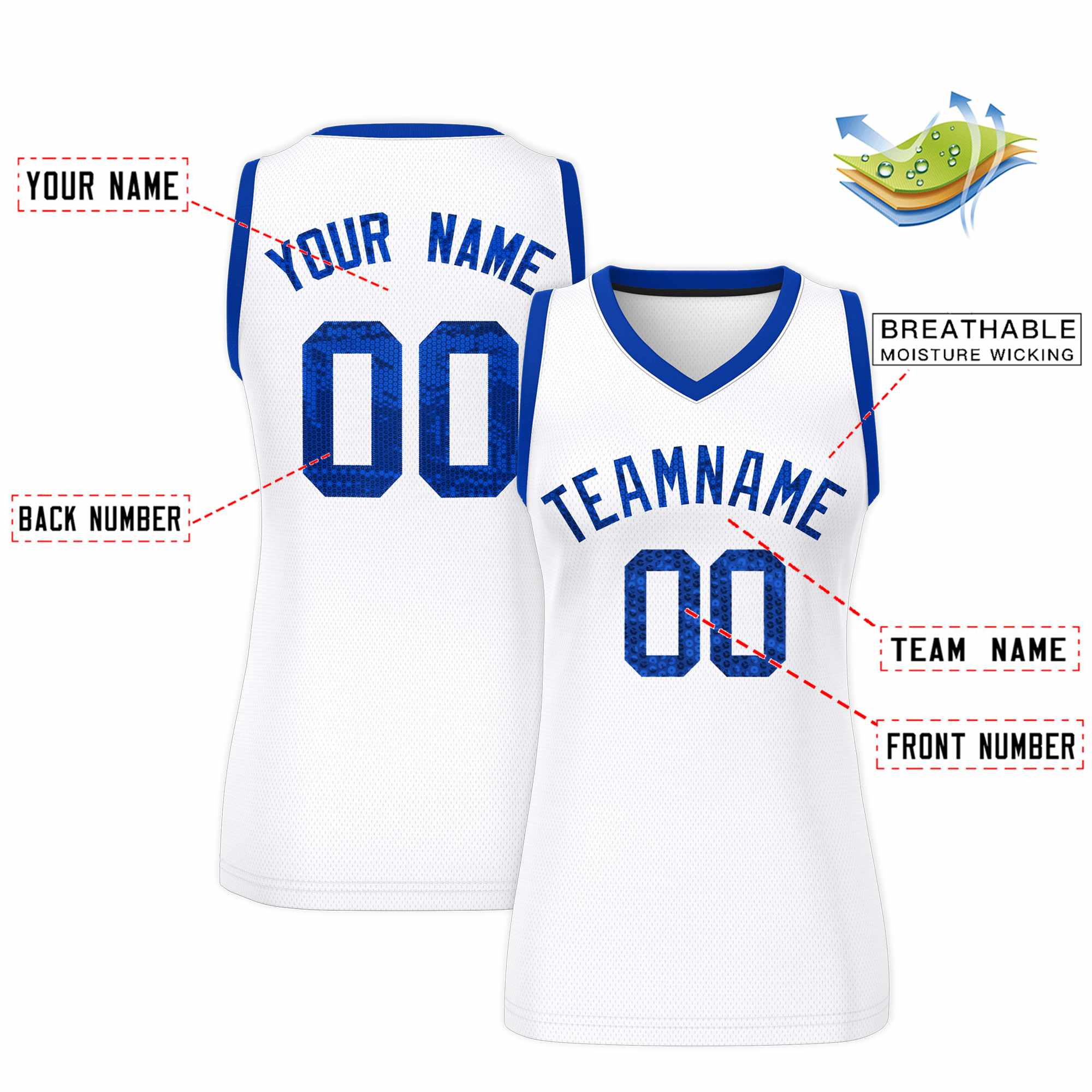 Custom White Royal Women Basketball Jersey Dress