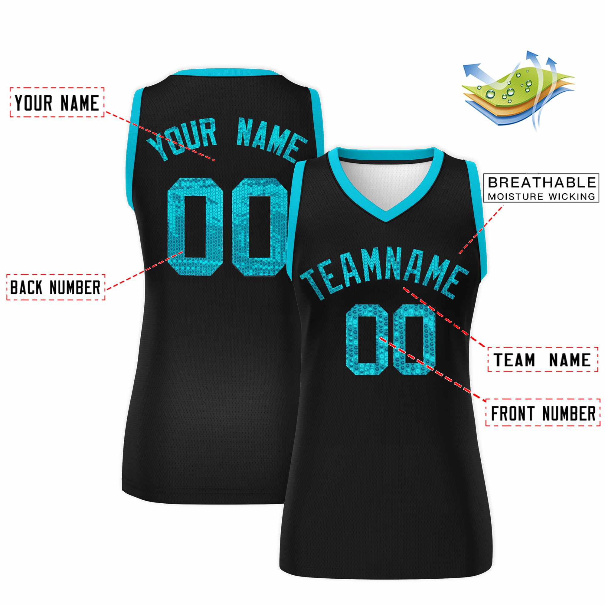 Custom Black Sky Blue Women Basketball Jersey Dress