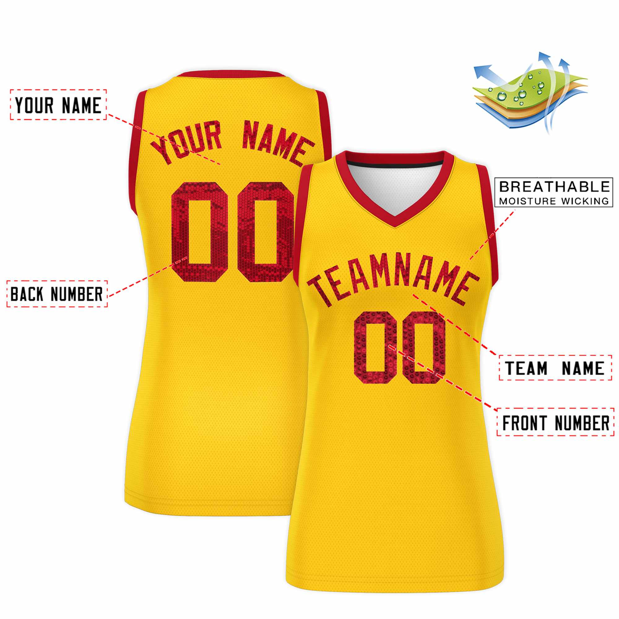 Custom Gold Red Women Basketball Jersey Dress