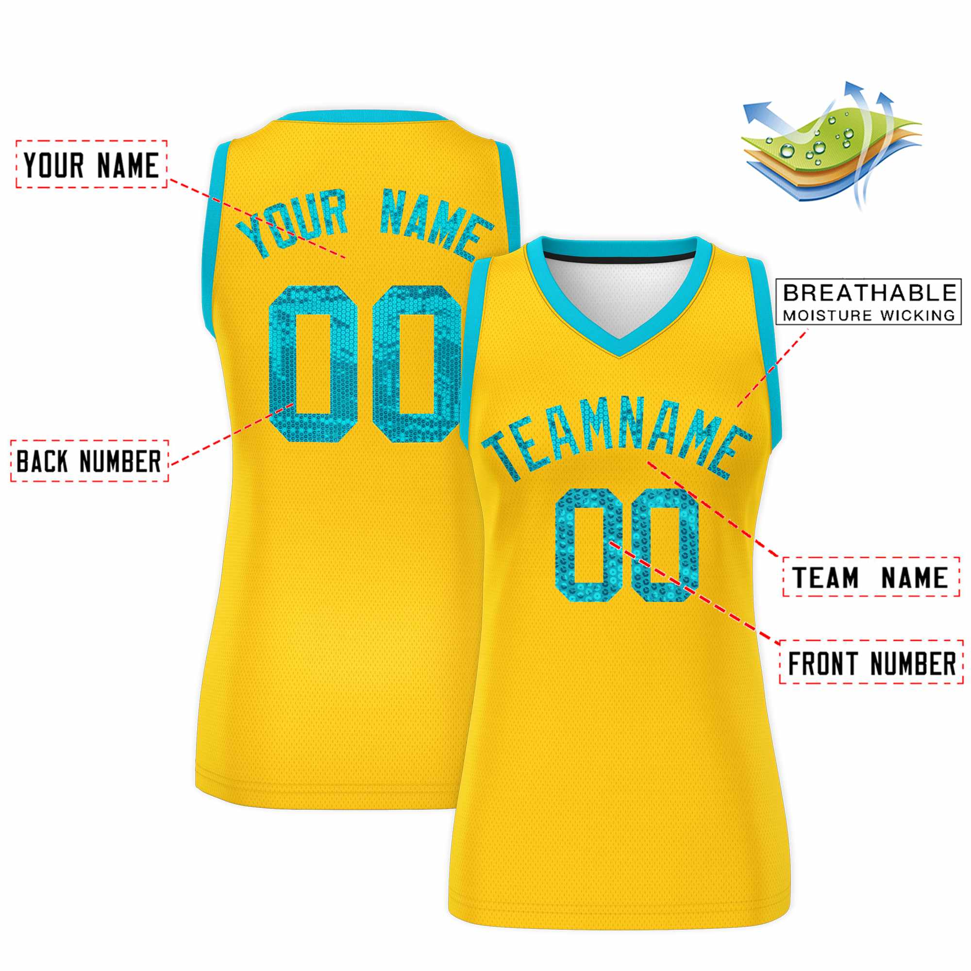 Custom Gold Sky Blue Women Basketball Jersey Dress