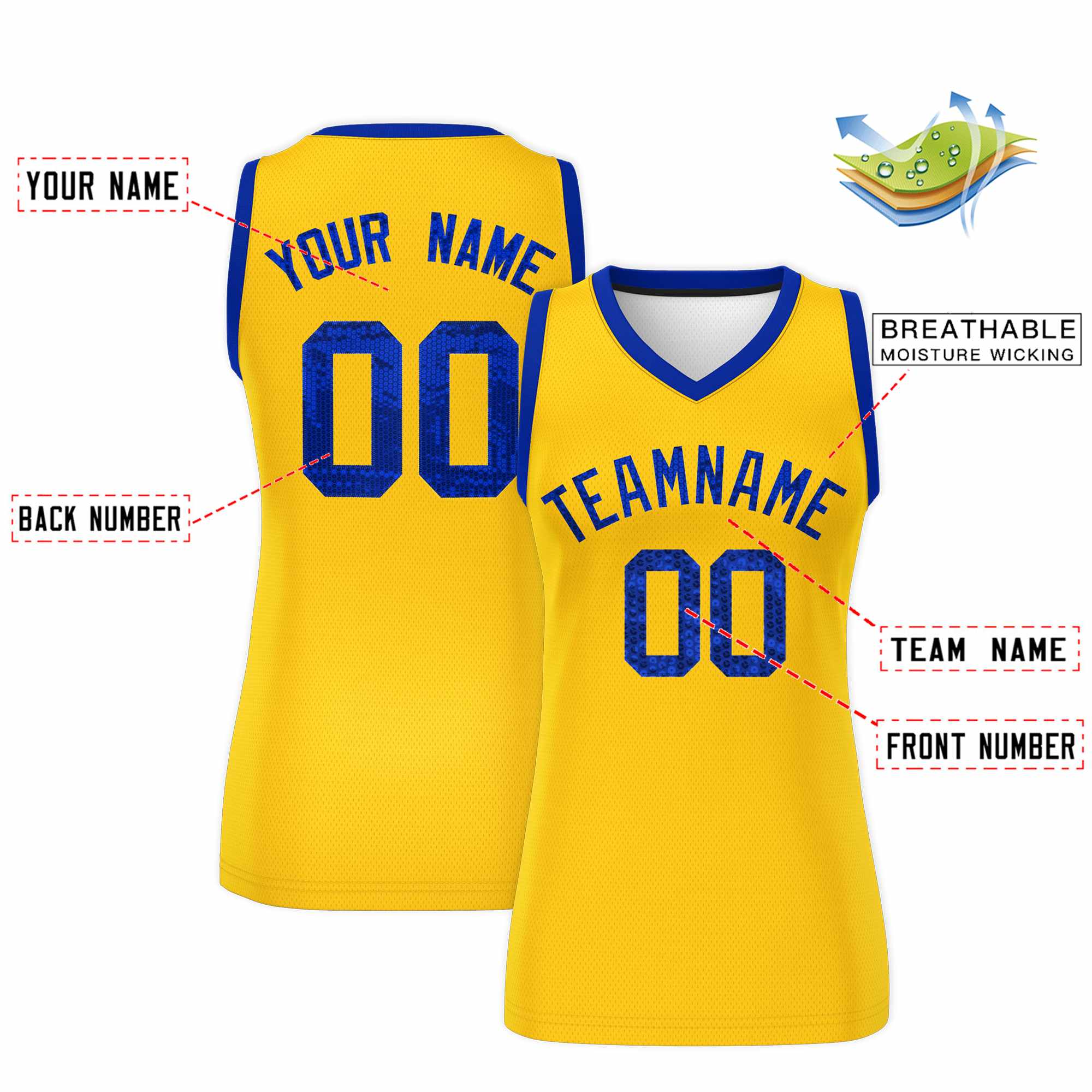 Custom Gold Royal Women Basketball Jersey Dress