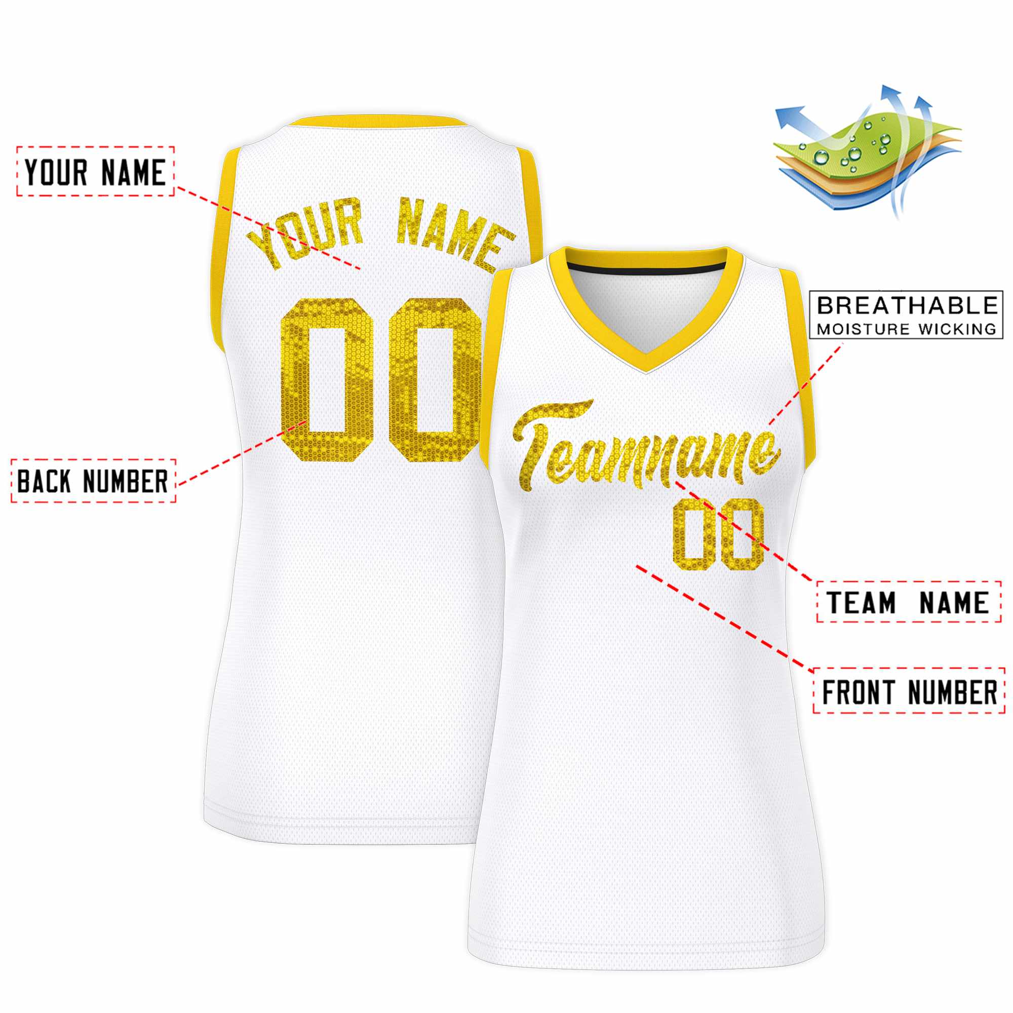 Custom White Gold Women Basketball Jersey Dress