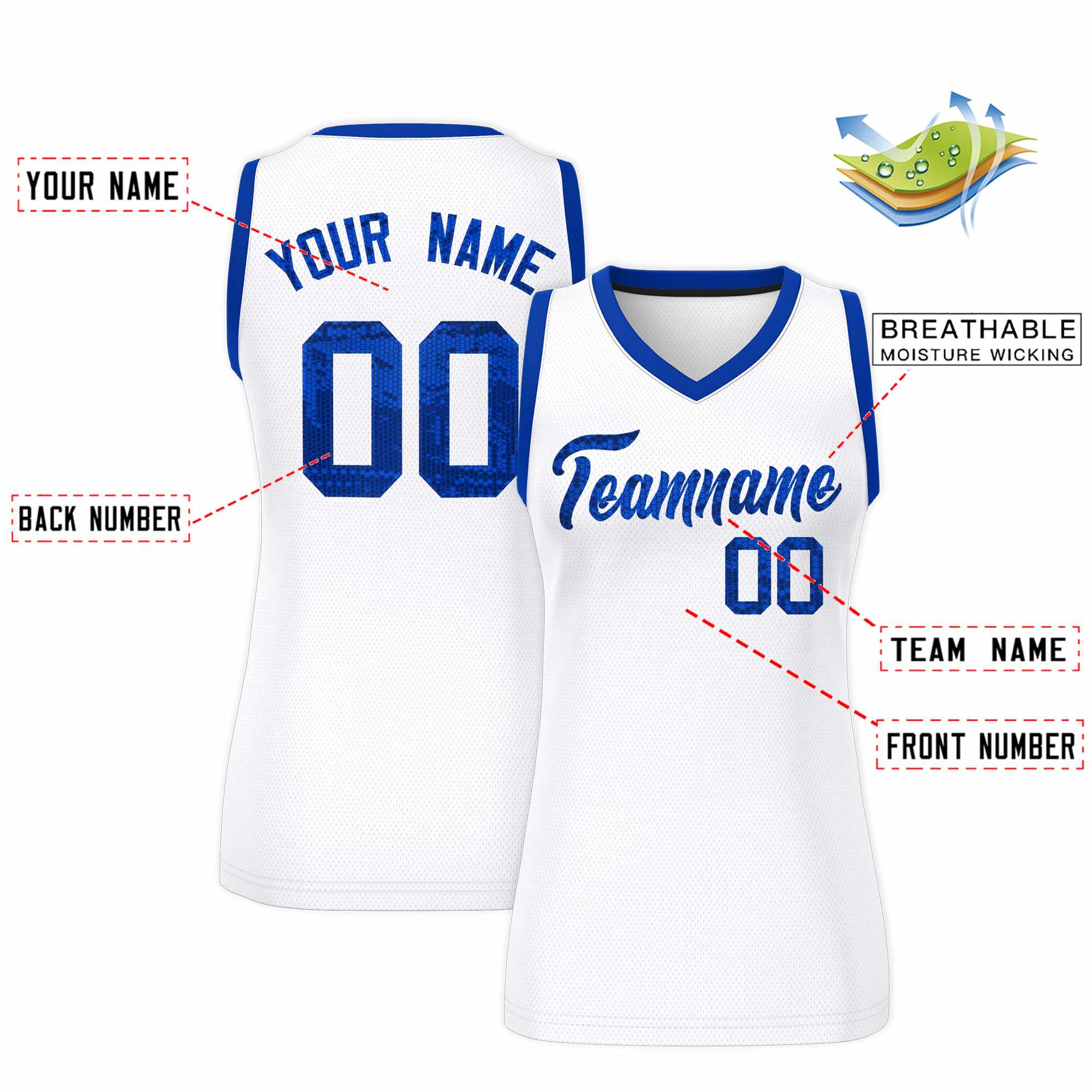 Custom White Royal Women Basketball Jersey Dress