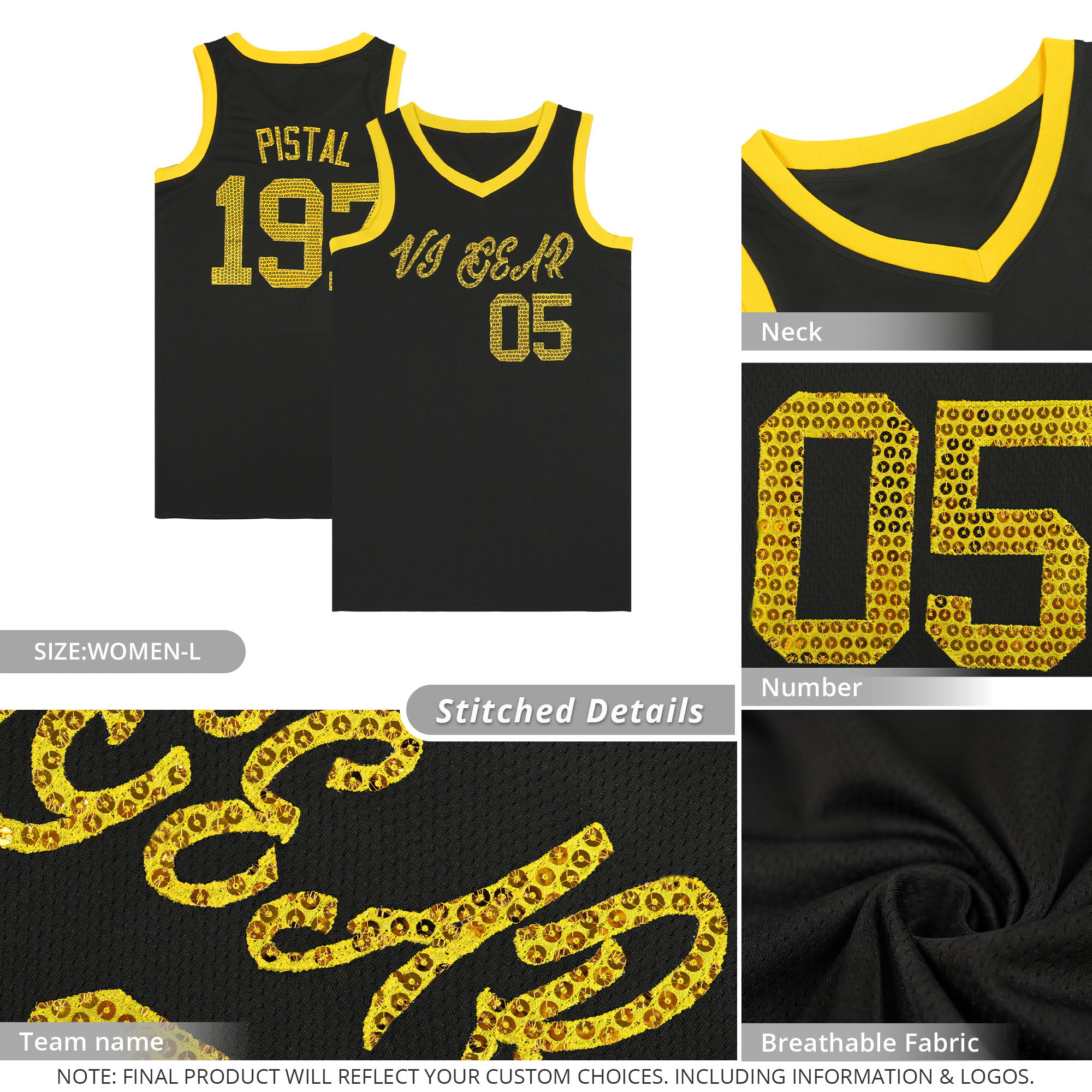 Custom Black Gold Women Basketball Jersey Sequined Dress