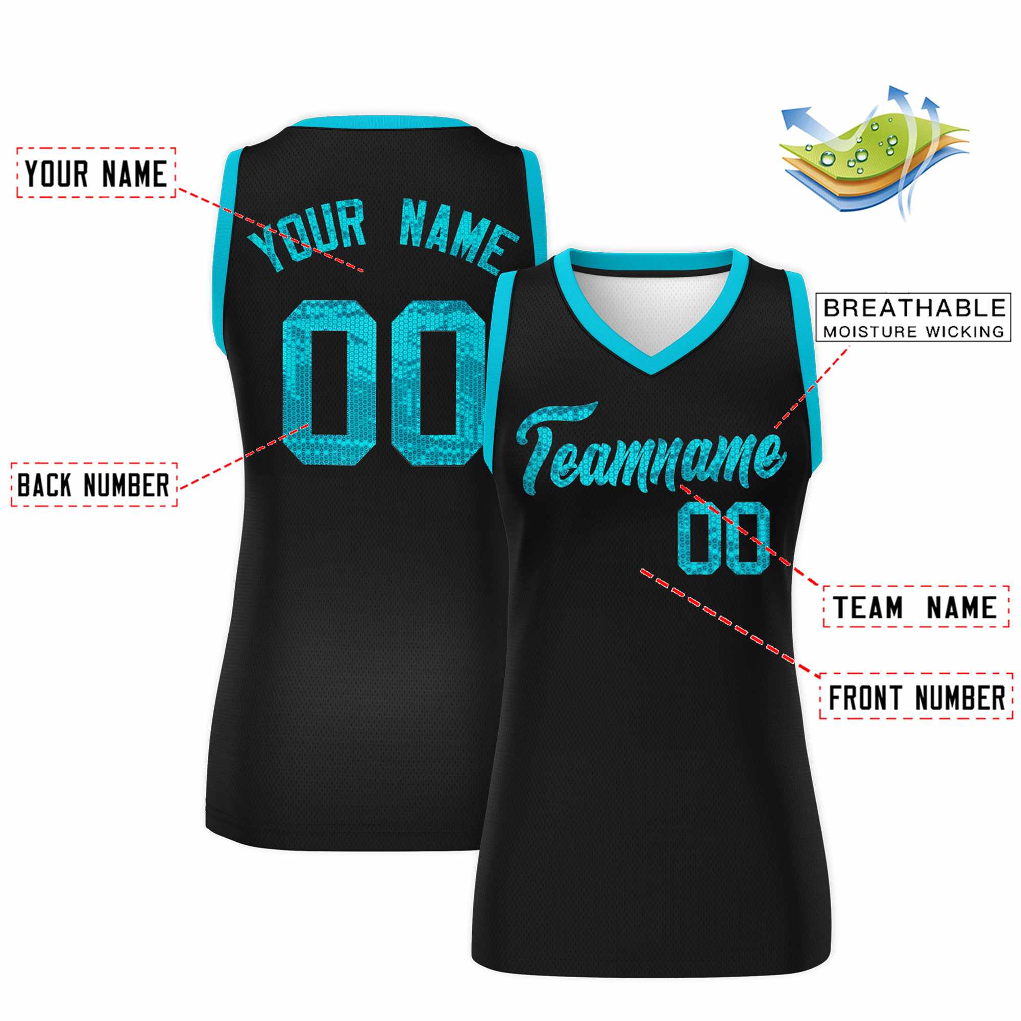 Custom Black Sky Blue Women Basketball Jersey Dress