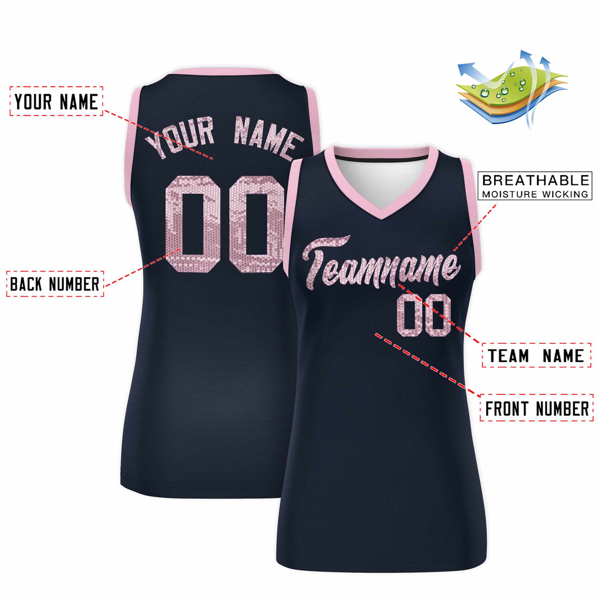 Custom Navy Light Pink Women Basketball Jersey Dress