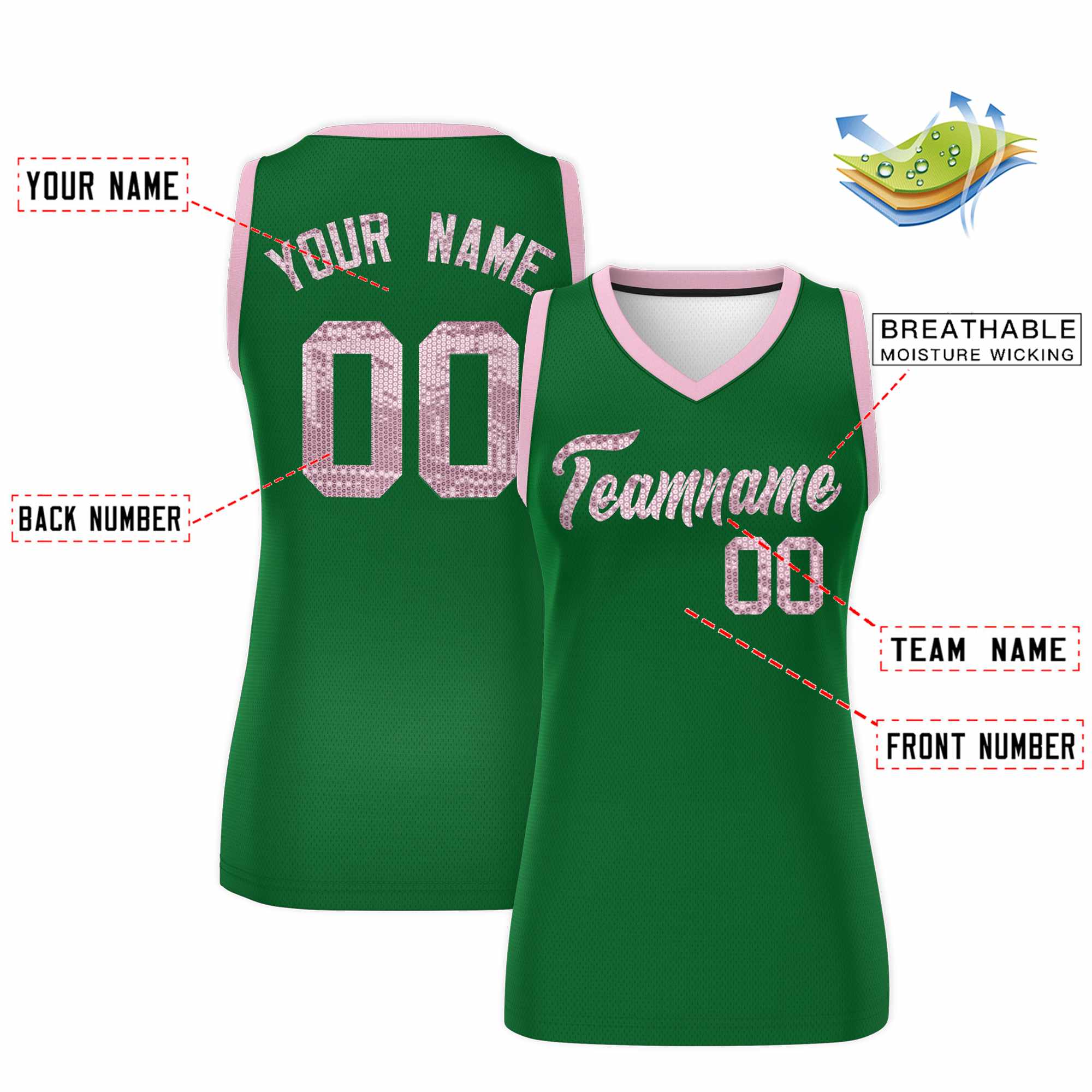 Custom Kelly Green Light Pink Women Basketball Jersey Dress